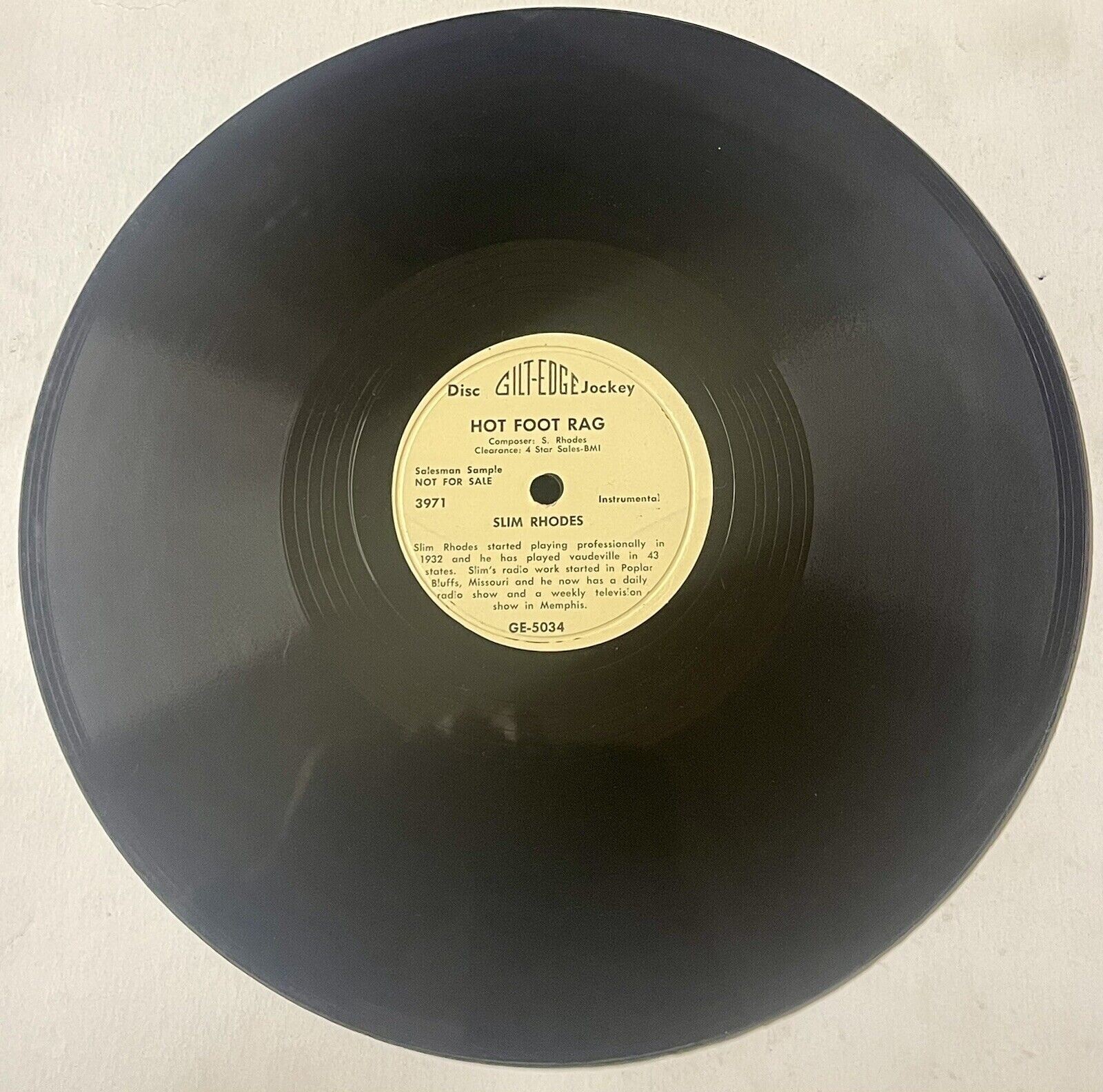 Slim Rhodes HILLBILLY BOP 78 Hot Foot Rag/Time Marches On Gilt-Edge Promo