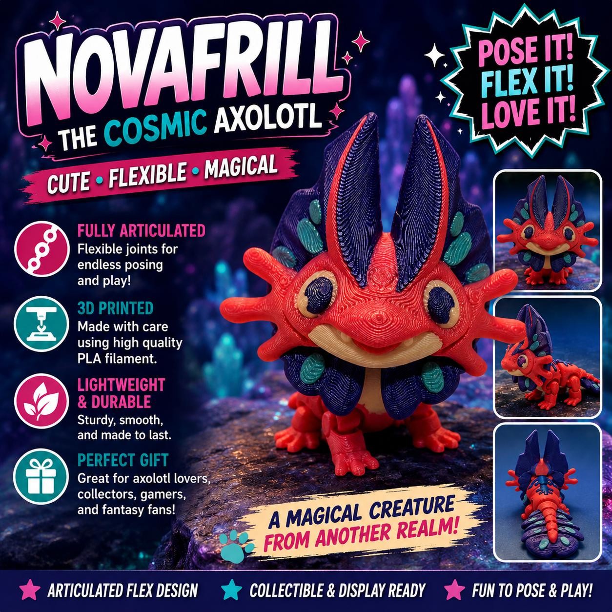 Drago articolato Axolotl stampato in 3D giocattolo flessibile simpatico fantasia salamandra scrivania animale domestico
