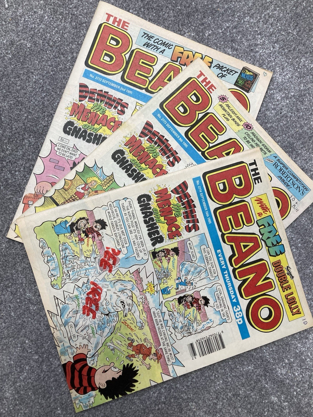 3no. vintage BEANO comics chronological complete no.2772,2773,2774 sept 1995