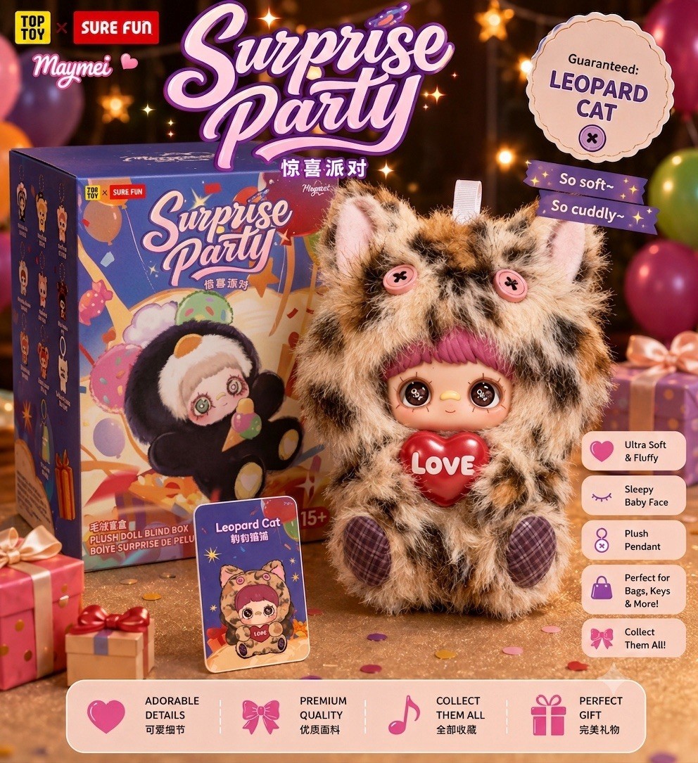 TOP TOY X SURE FUN MAYMEI SURPRISE PARTY LEOPARD CAT PLUSH DOLL GUARANTEED NEW