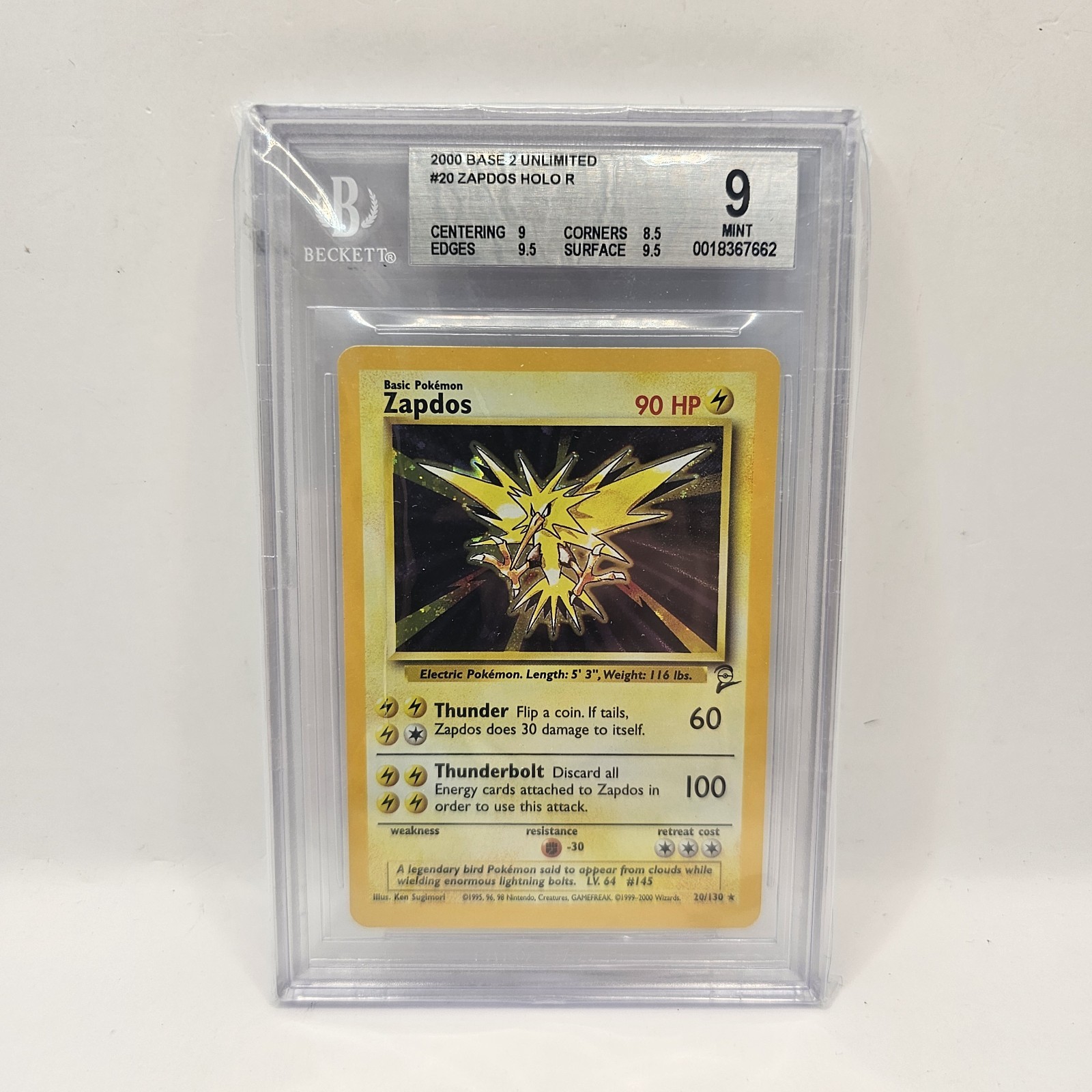 Pokemon Card Zapdos 20/130 Set Base 2 Unlimited Beckett BGS 9 Mint ENG