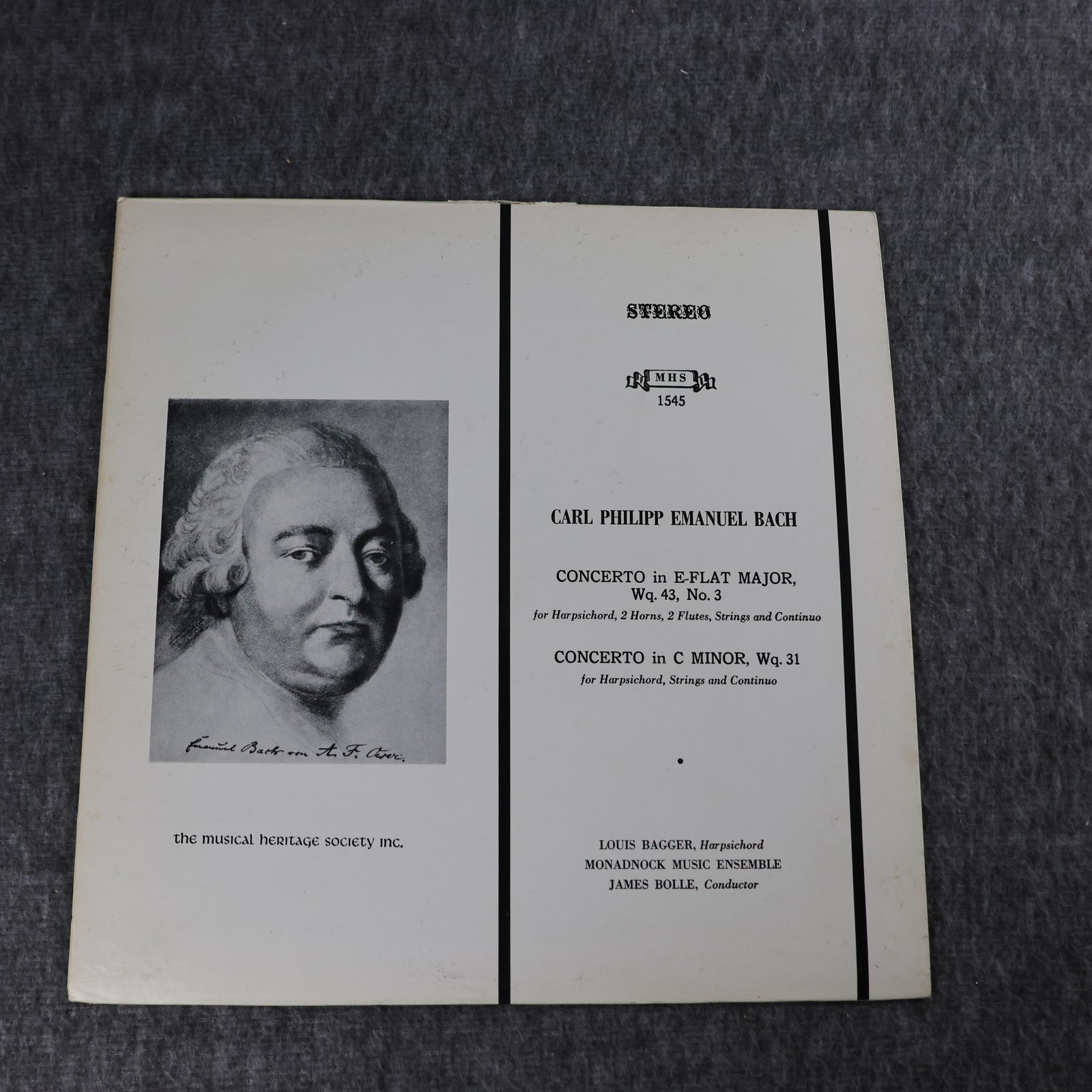 C.P.E. Bach Vinyl Record Concertos Wq 43 No 3 Wq 31 MHS 1545 12" Stereo Black