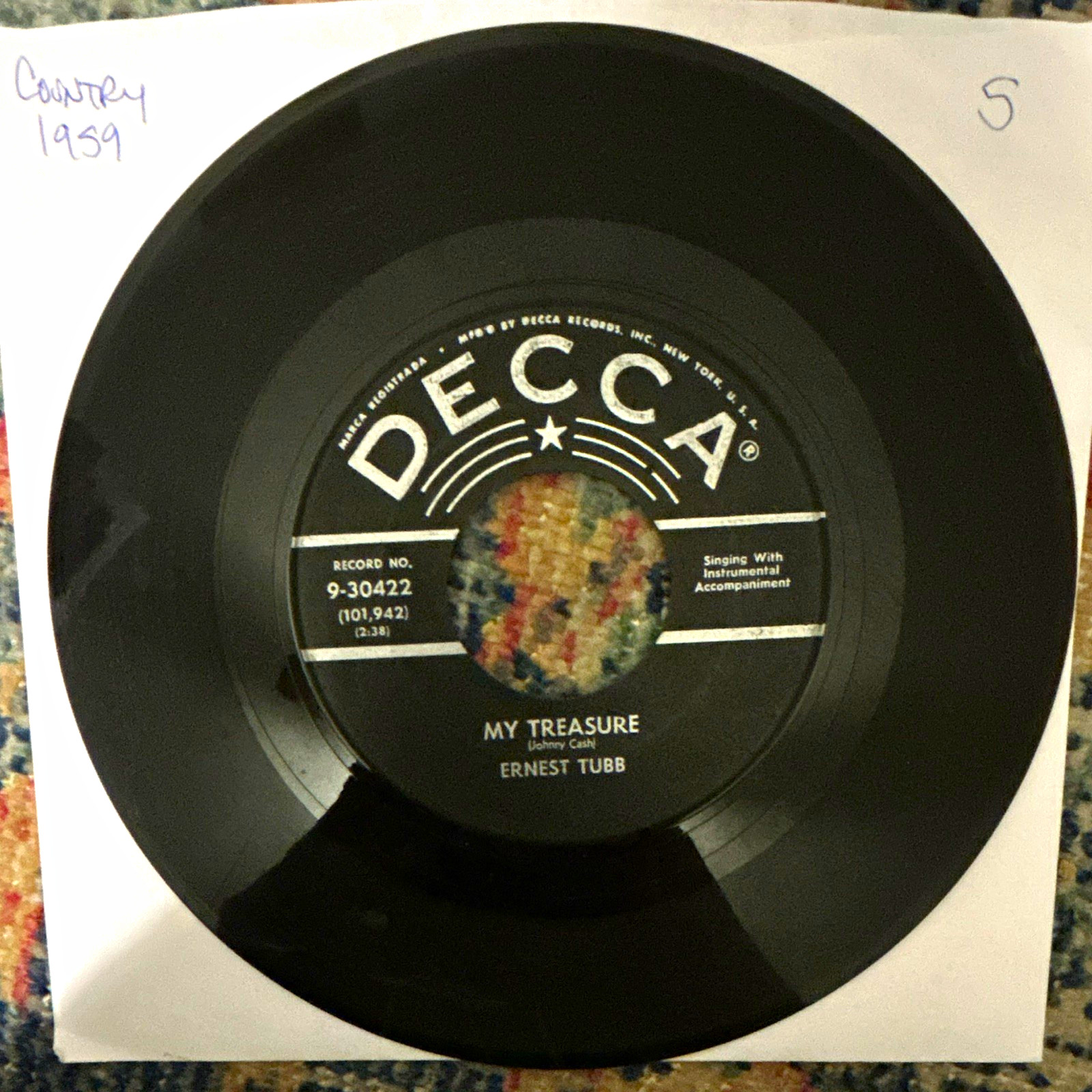 Ernest Tubb My Treasure/Go Home 45 RPM 7" Vinyl Record DECCA 9-30422