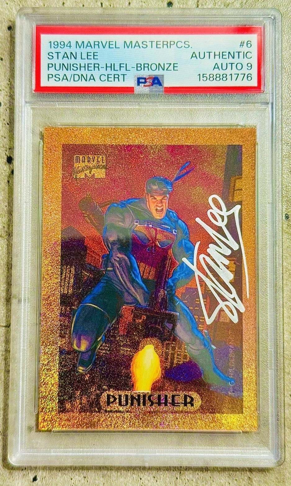 STAN LEE FIRMATO PUNISHER BRONZO HOLOFOIL 1994 MARVEL CAPOLAVORI PSA AUTO 9