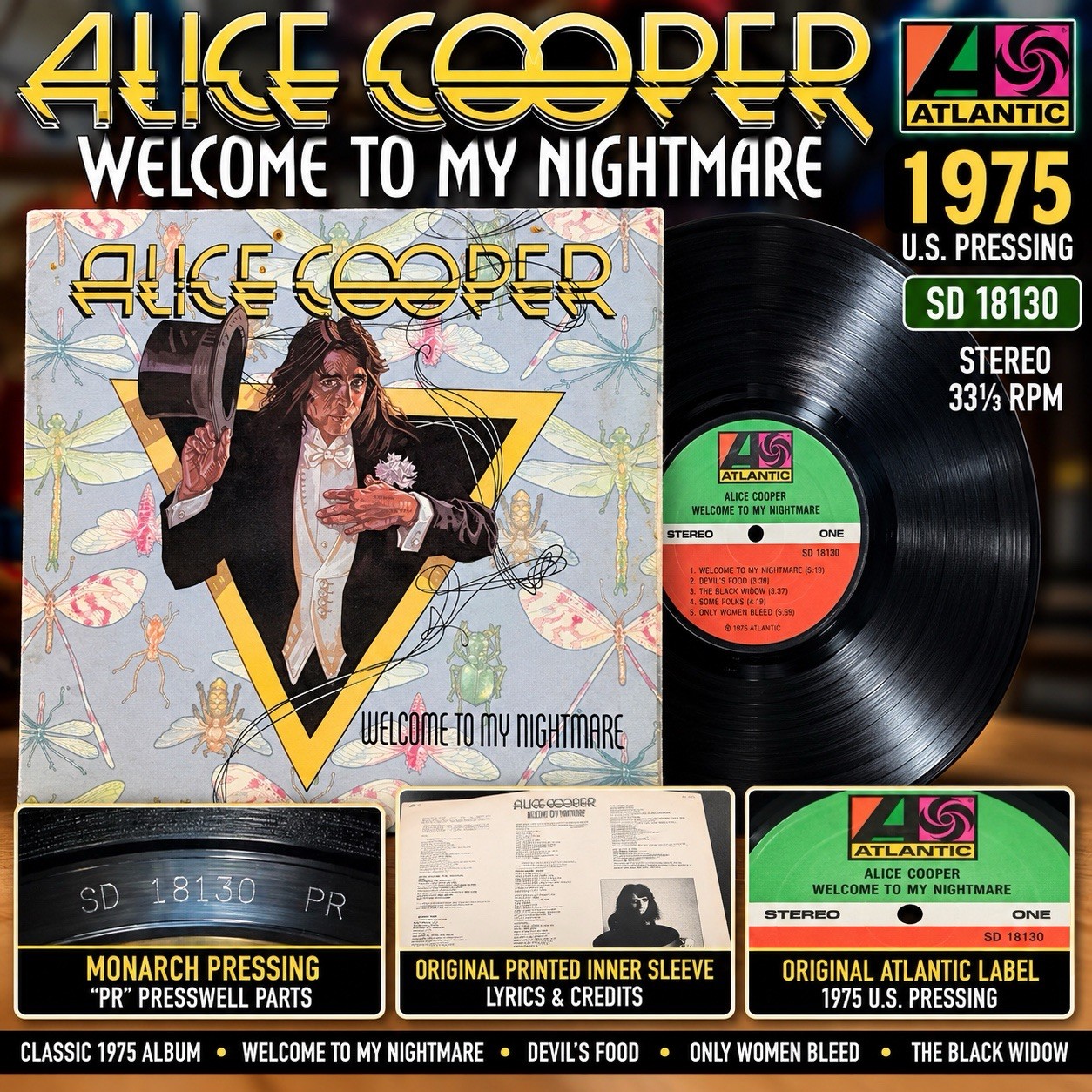 VTG ALICE COOPER Welcome To My Nightmare LP 1975 US MONARCH PR SD 18130 EX