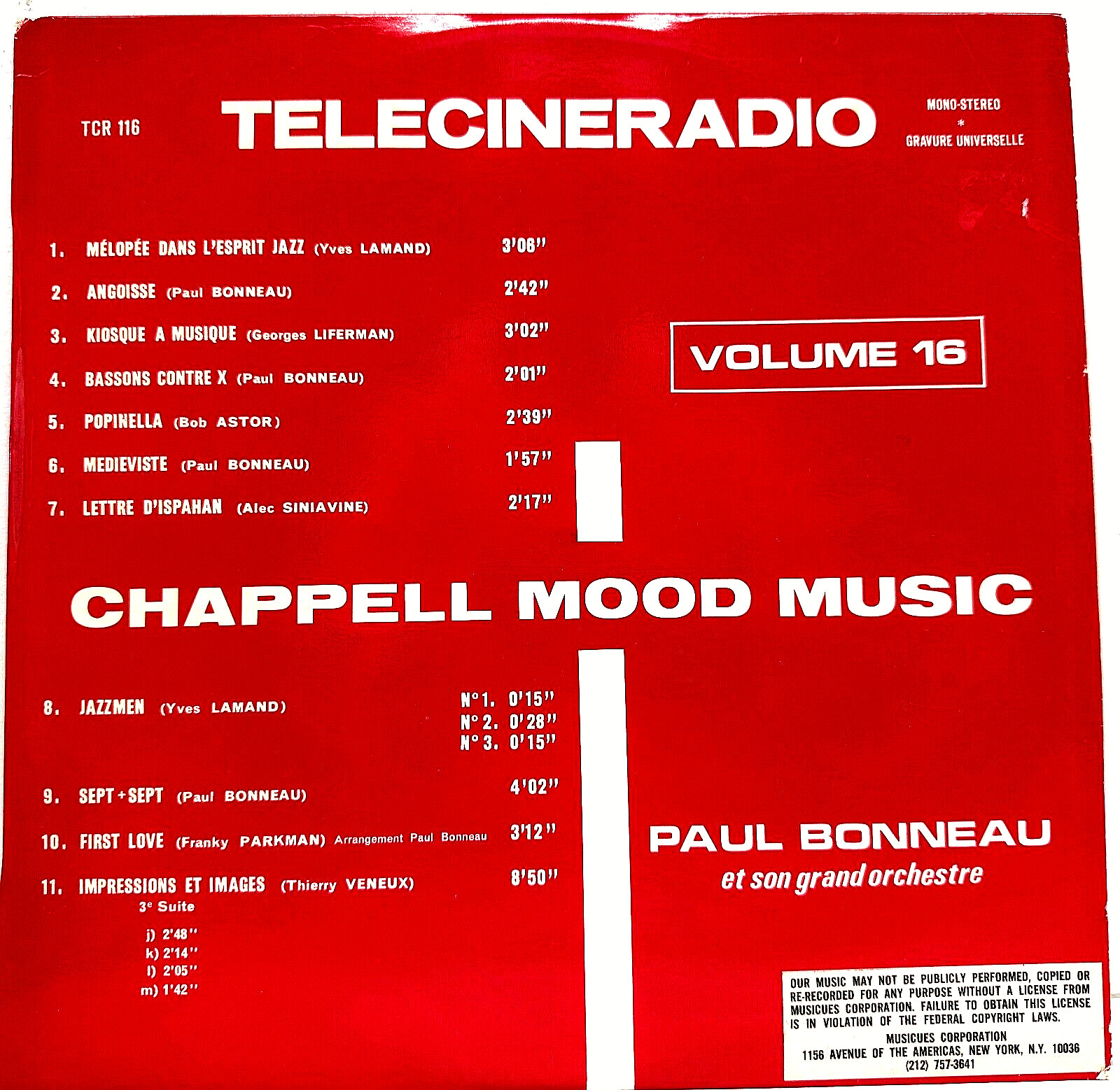 Paul Bonneau Telecineradio Volume 16 Vinyl Chappel Mood Music French Import