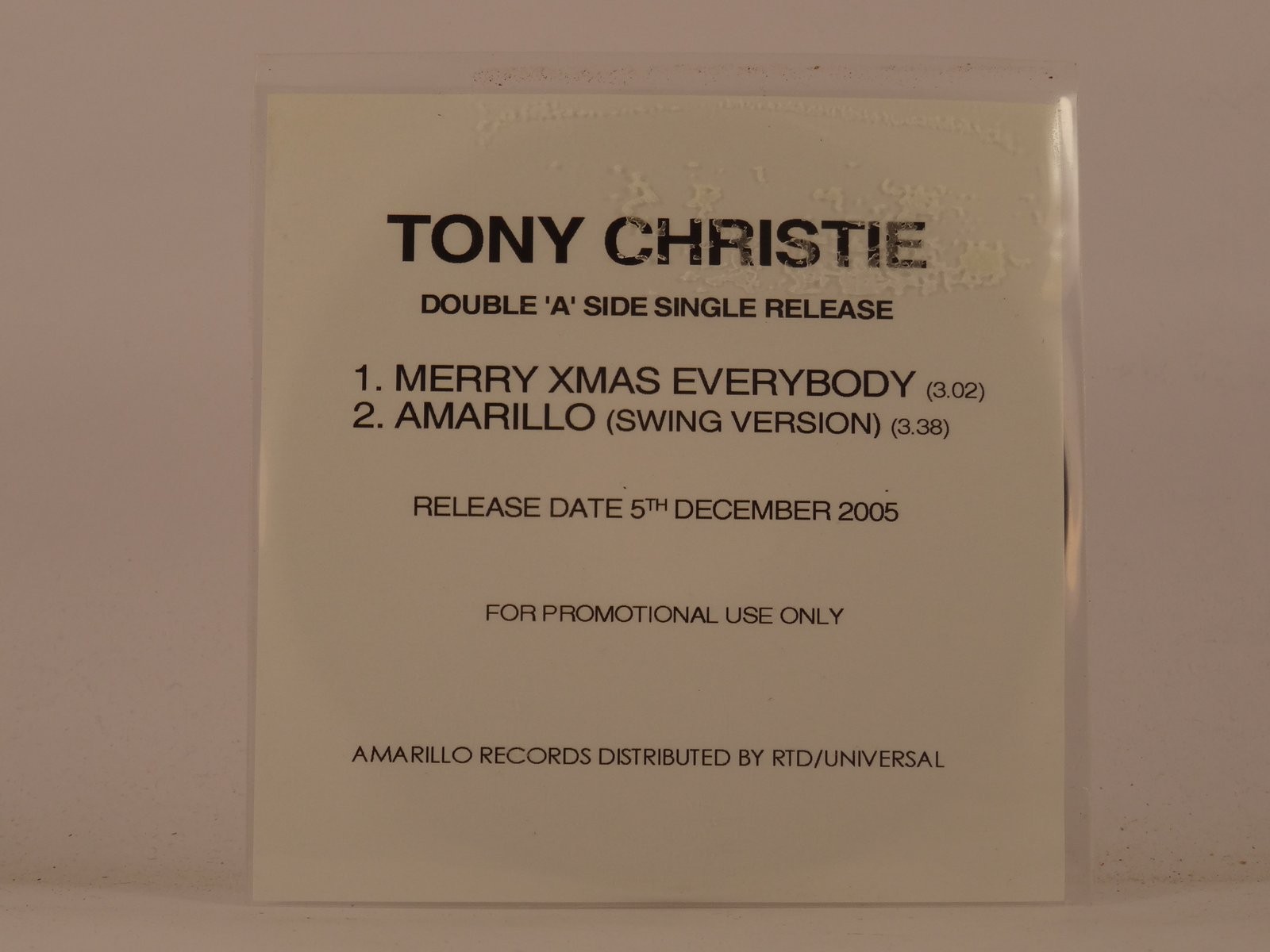 TONY CHRISTIE MERRY XMAS EVERYBODY (L47) 2 Track Promo CD Single including White