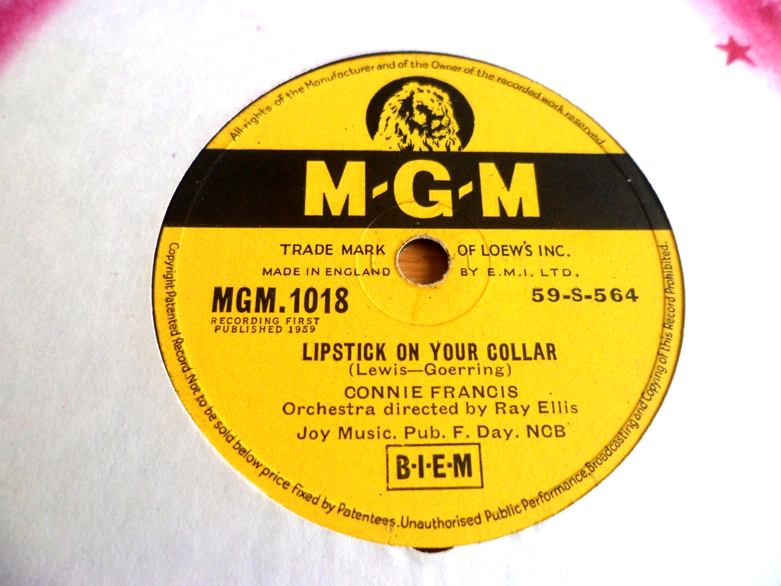 CONNIE FRANCIS: LIPSTICK ON YOUR COLLAR 1959 MGM 78RPM RARE EX SUPERB