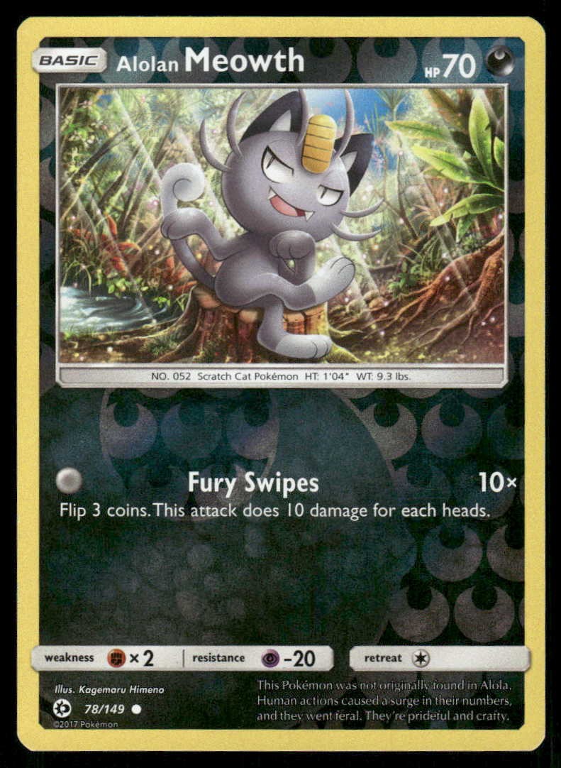 POKEMON ALOLAN MEOWTH SM SET BASE 78/149 REVERSE HOLO C LP