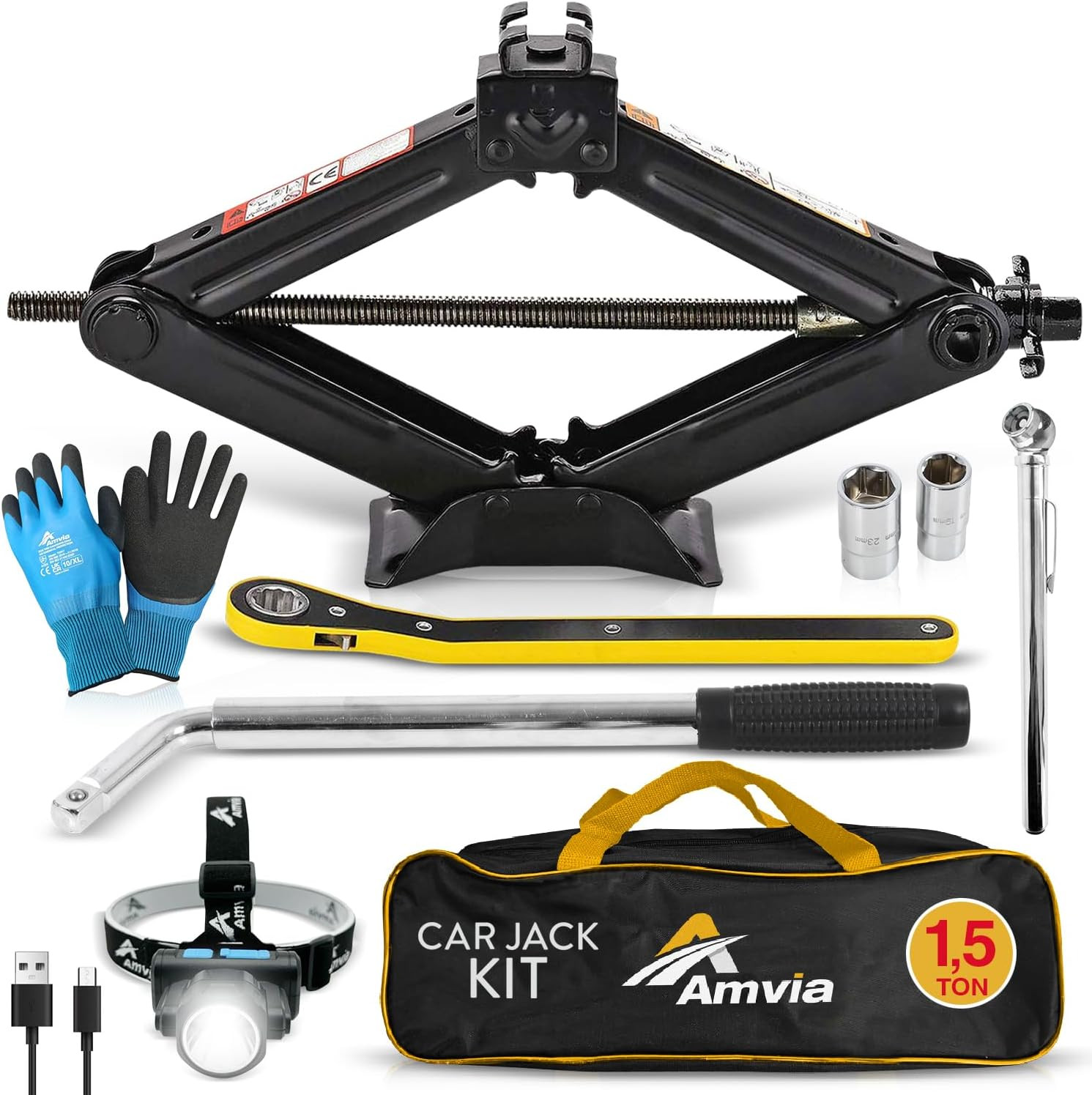 Kit Cric per Auto | Cric a Forbice per Auto Da 1,5 Tonnellate (3.300 Libbre) Por