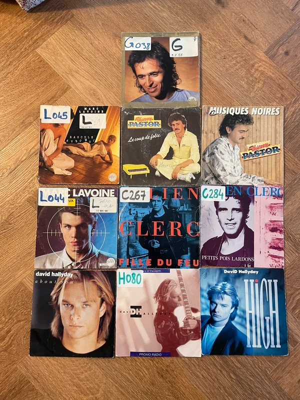 Lot 10 vinyles 45 tours David Hallyday,Julien Clerc,Marc lavoine,Thierry Pastor,jean Jacques Goldman