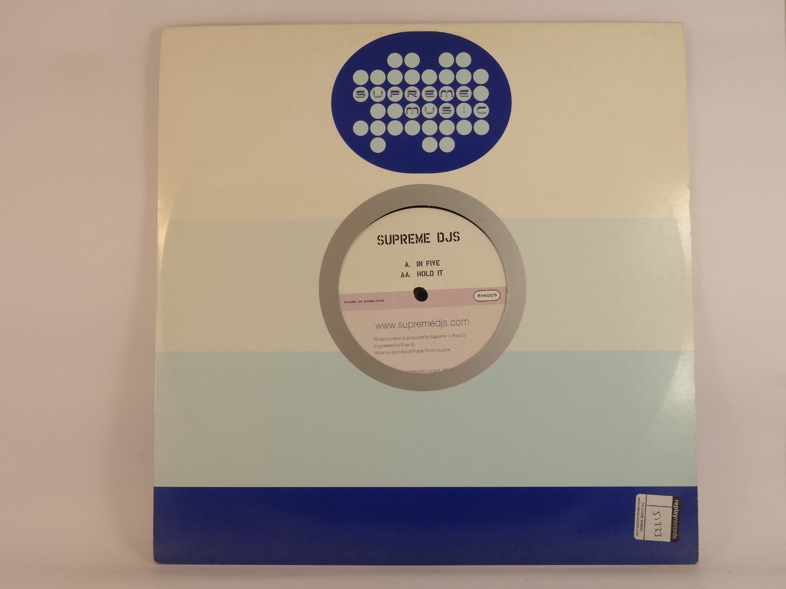 SUPREME DJS (WATER DAMAGED) IN FIVE / HOLD IT (278) 2 Track 12" Single plus Comp