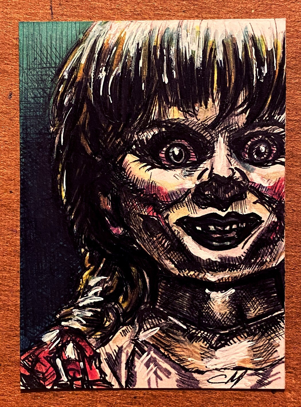 Annabelle PSC 1/1 Horror Hand Drawn Sketch Card by CJ Morris ACEO