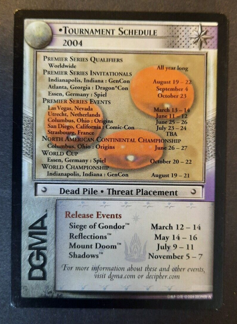 Carta Promo IL SIGNORE DEGLI ANELLI TCG Rev'd Tournament Schedule #NO Decipher 2004