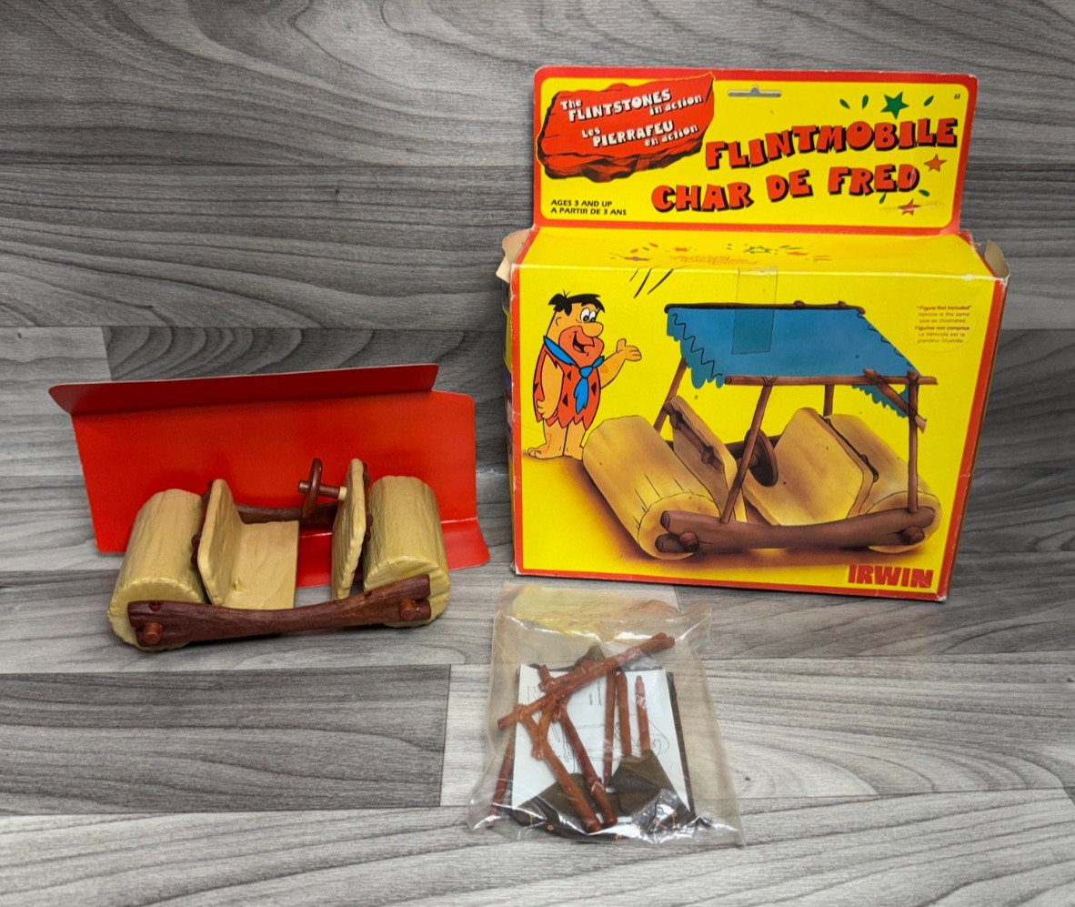 VINTAGE 1985 IRWIN D-TOYS THE FLINTSTONES FLINTMOBILE COMPLETO DI SCATOLA MAI USATO