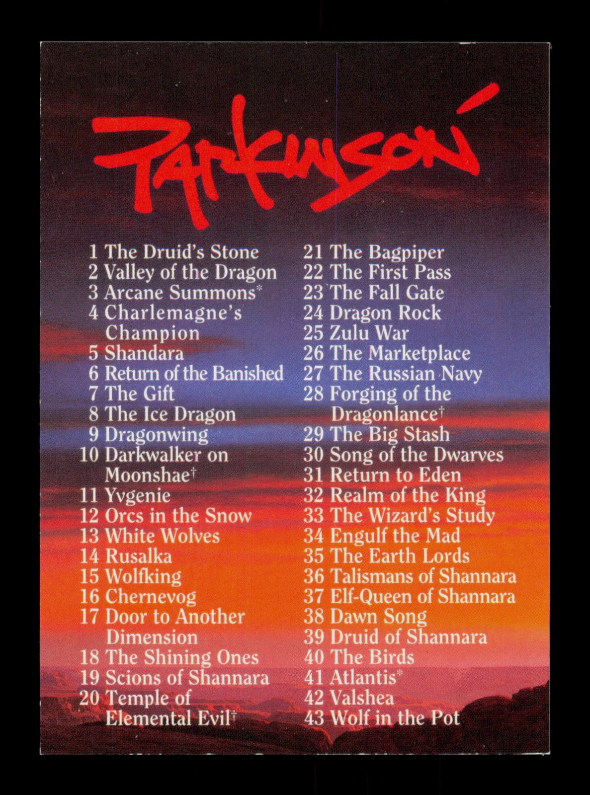 Checklist CL 90 FPG Keith Parkinson 1994 Fantasy Art Trading Card TC