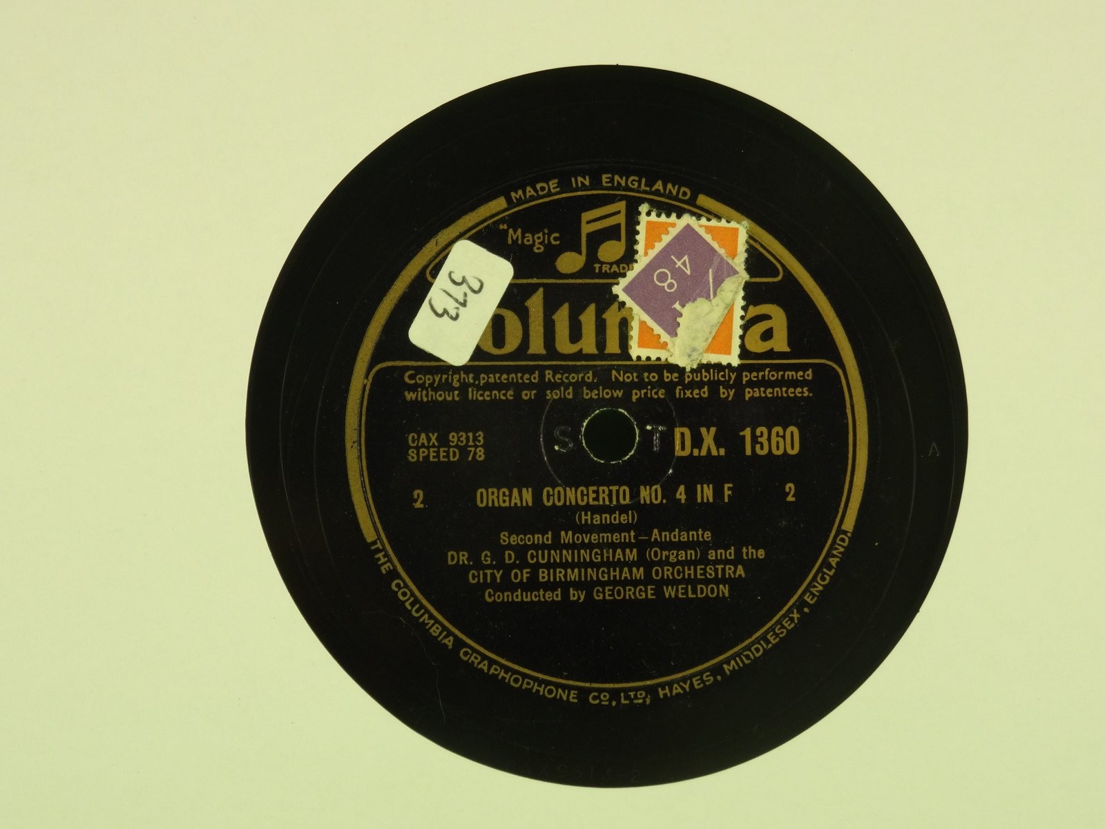 GEORGE WELDON ORGAN CONCERTO NO 4 IN F 78RPM (441/6) (441) 2 TRACK 78 RPM COLUMB