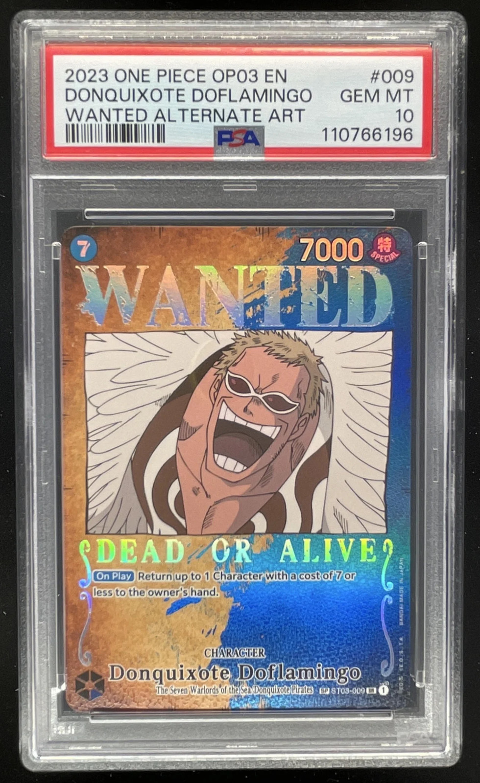 2023 One Piece OP03 009 Donquixote Doflamingo super raro SP poster ricercato PSA 10