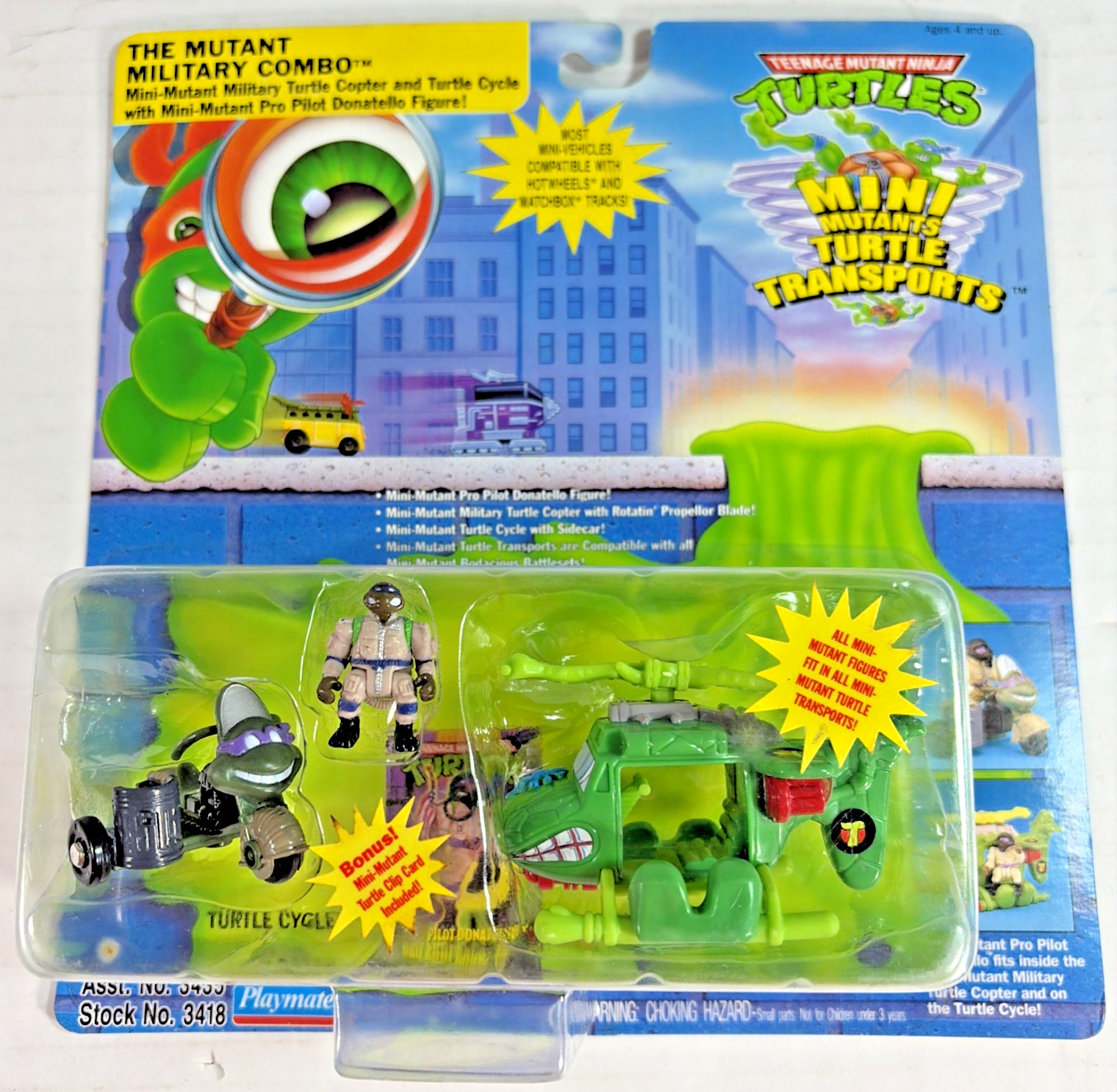 1994 TMNT Mini Mutants Combo militare: ciclo tartaruga, elicottero e Donatello MOC/C-9.0