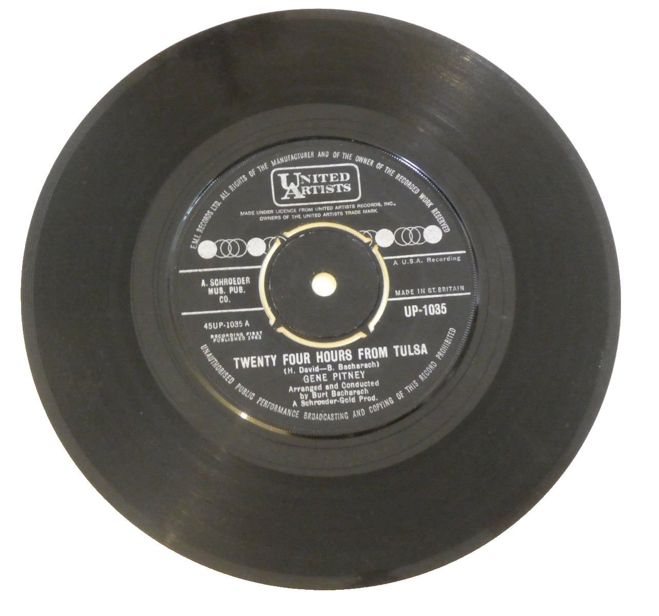 Gene Pitney - 24 Hours From Tulsa 45 RPM Vinyl Record Single VG 1963 UA