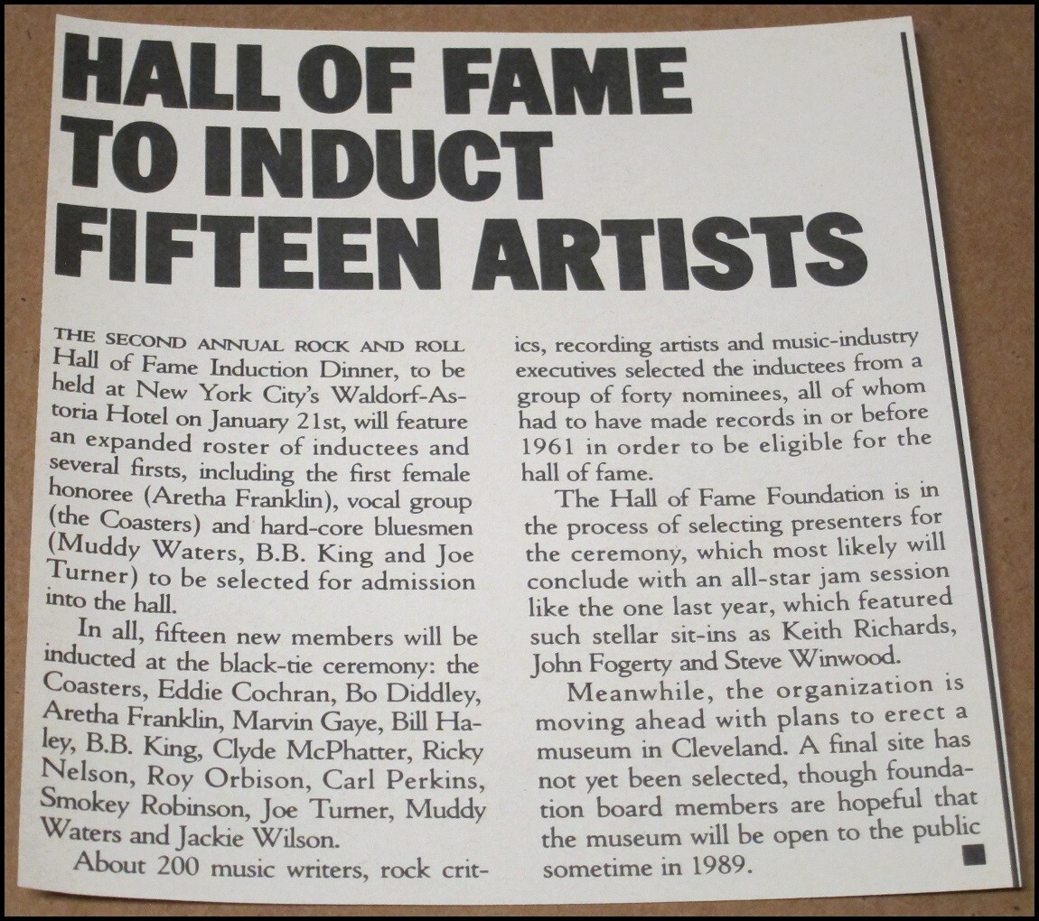 Articolo Rock and Roll Hall of Fame 1986 ritaglio classe 1987 Aretha Franklin B.B.