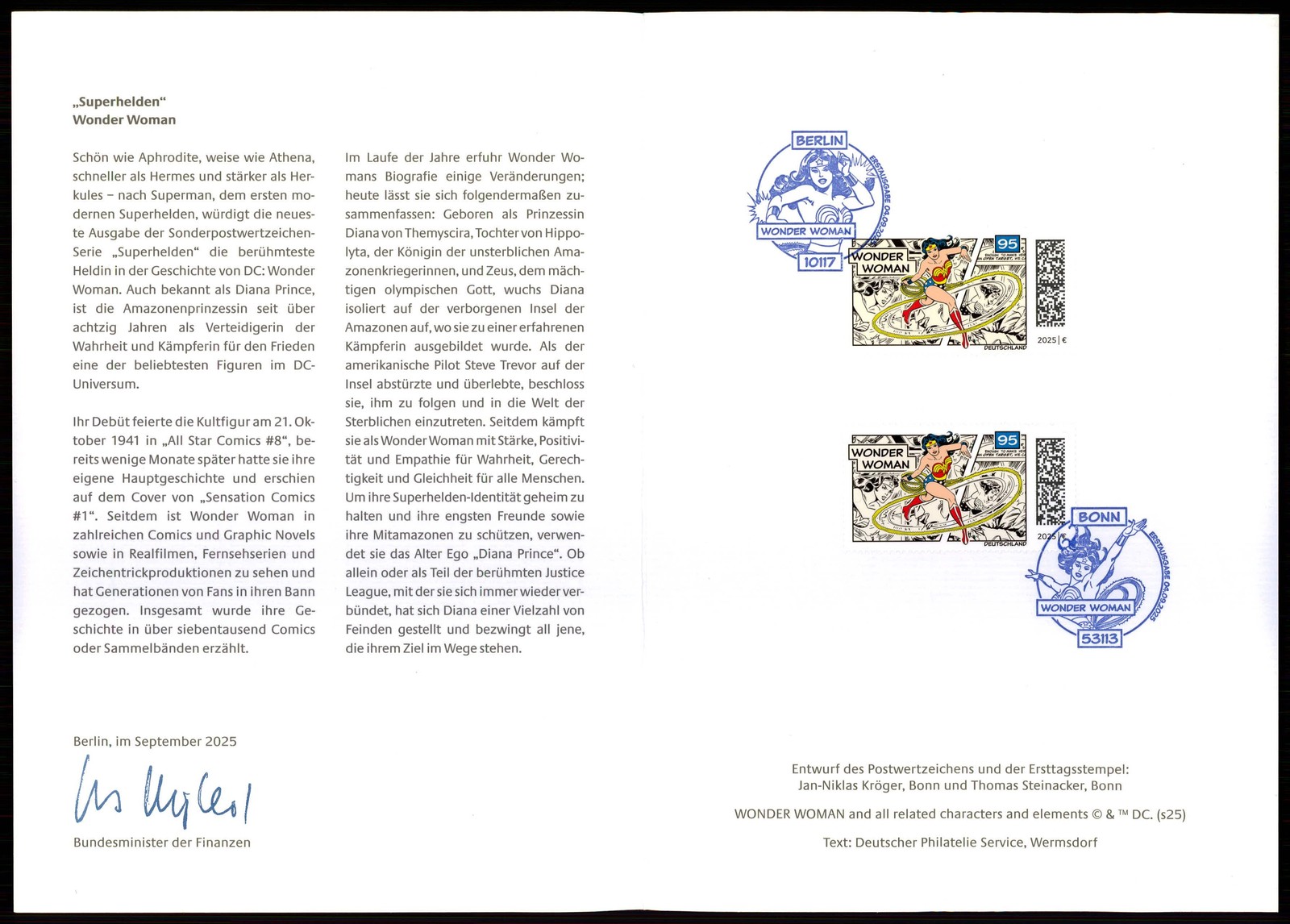 CARTOLINA MINISTRO GERMANIA 2025 WONDER WOMAN - FUMETTO MARVEL - RARA!! u1171