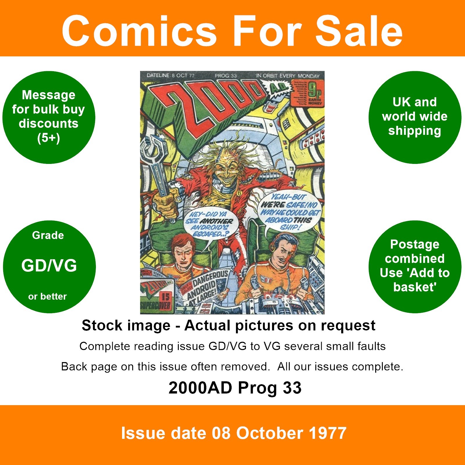 2000AD prog #33 comic - GD/VG - Supercover - 08 October 1977