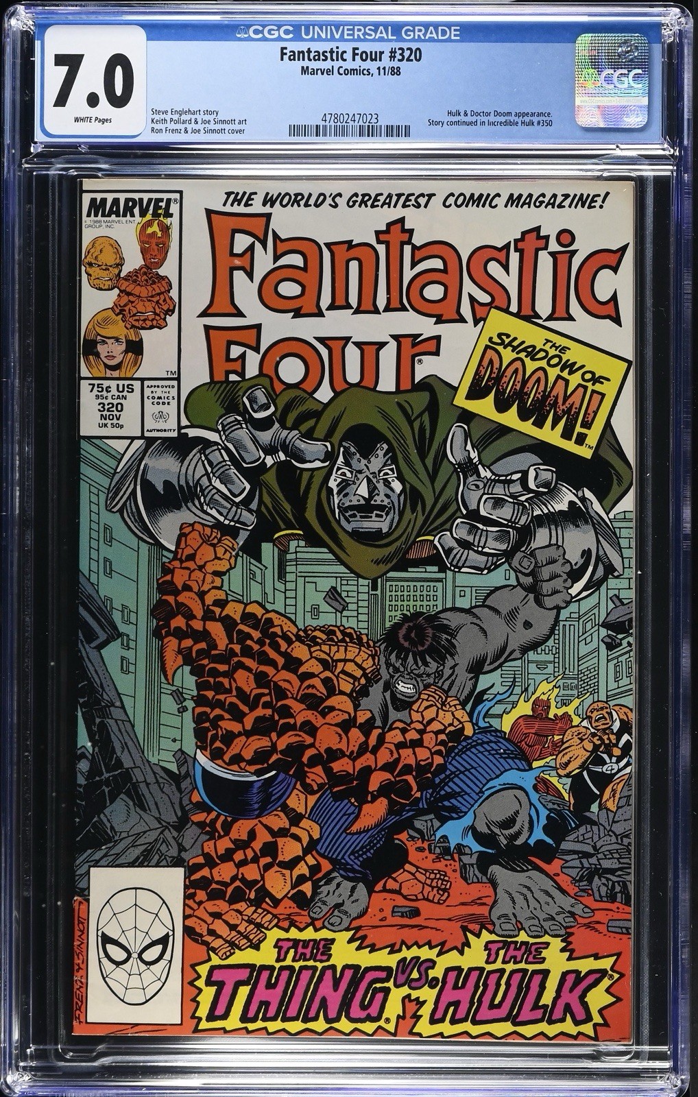 Fantastic Four #320 1988 CGC 7.0 Pagine Bianche Apparizione Hulk e Doctor Doom