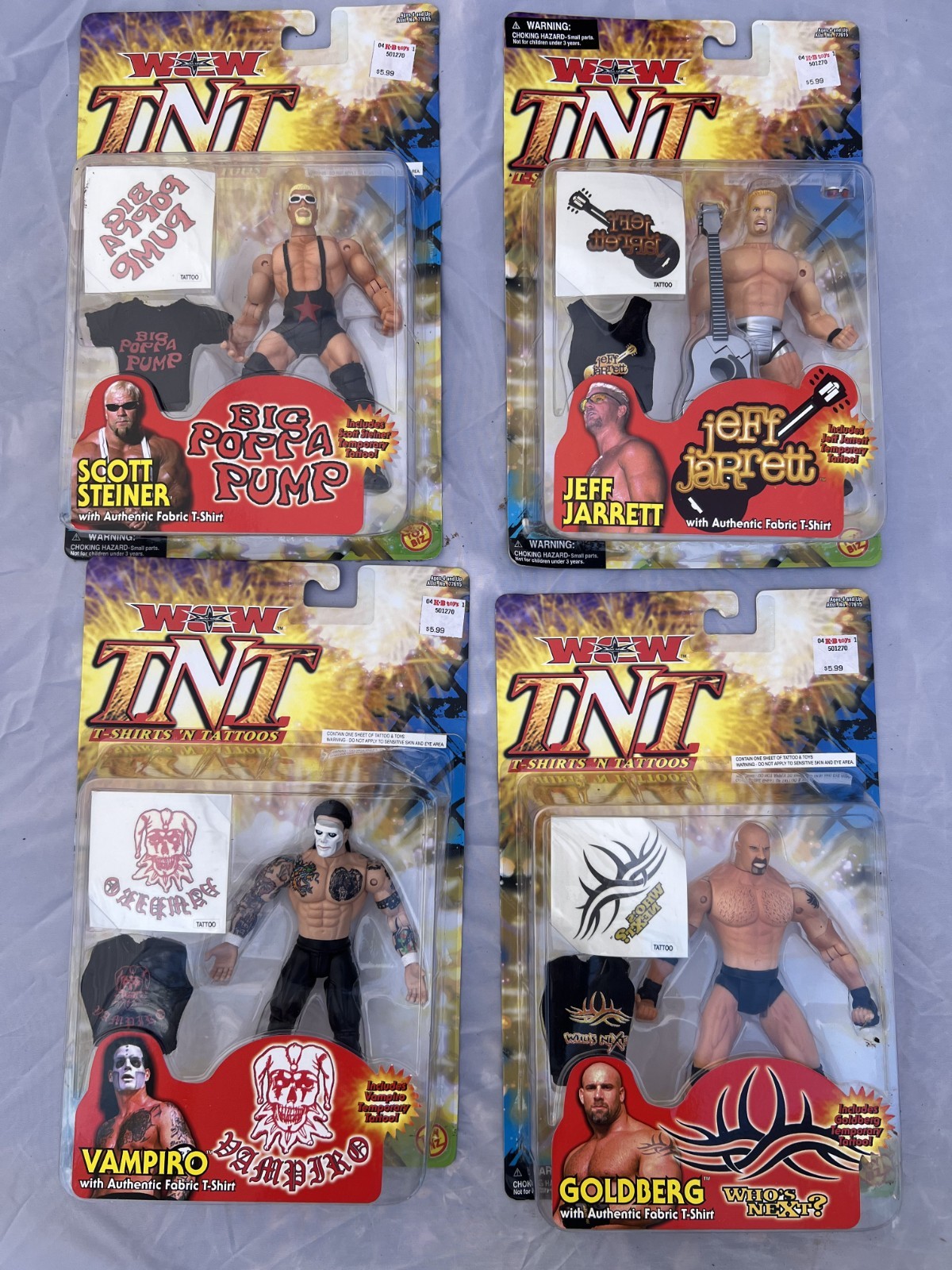 WCW TNT T-Shirts N Tattoos Action Figures Complete set 4 Goldberg Sting Vampiro