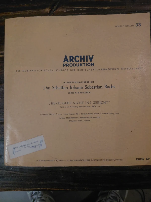 bach kantate bwv 105 archiv produktion 13002 ap 1954 lehmann 10 inch lp mono ongespeeld vinyl