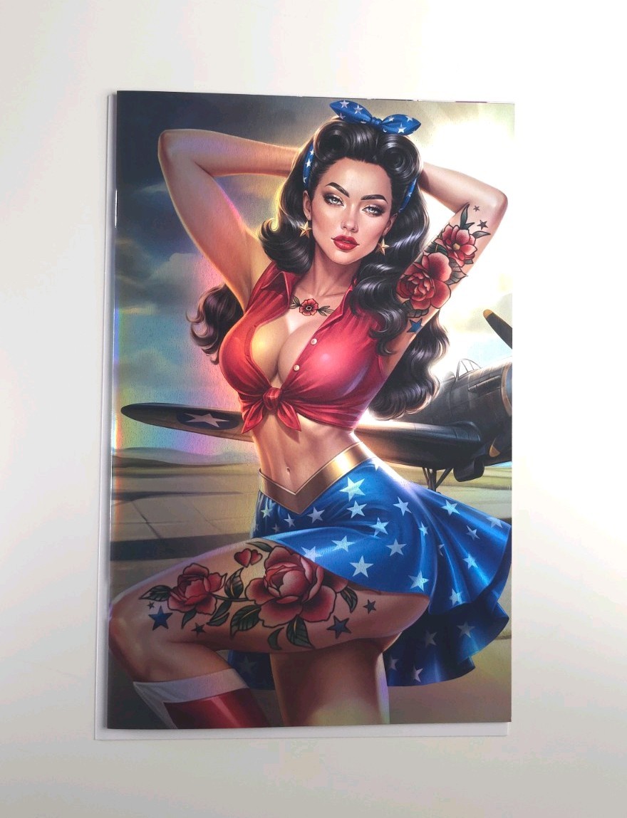 Wonder Woman Artist Alley Comics Retro Bomber Pin-Up Virgin Rainbow Foil bello