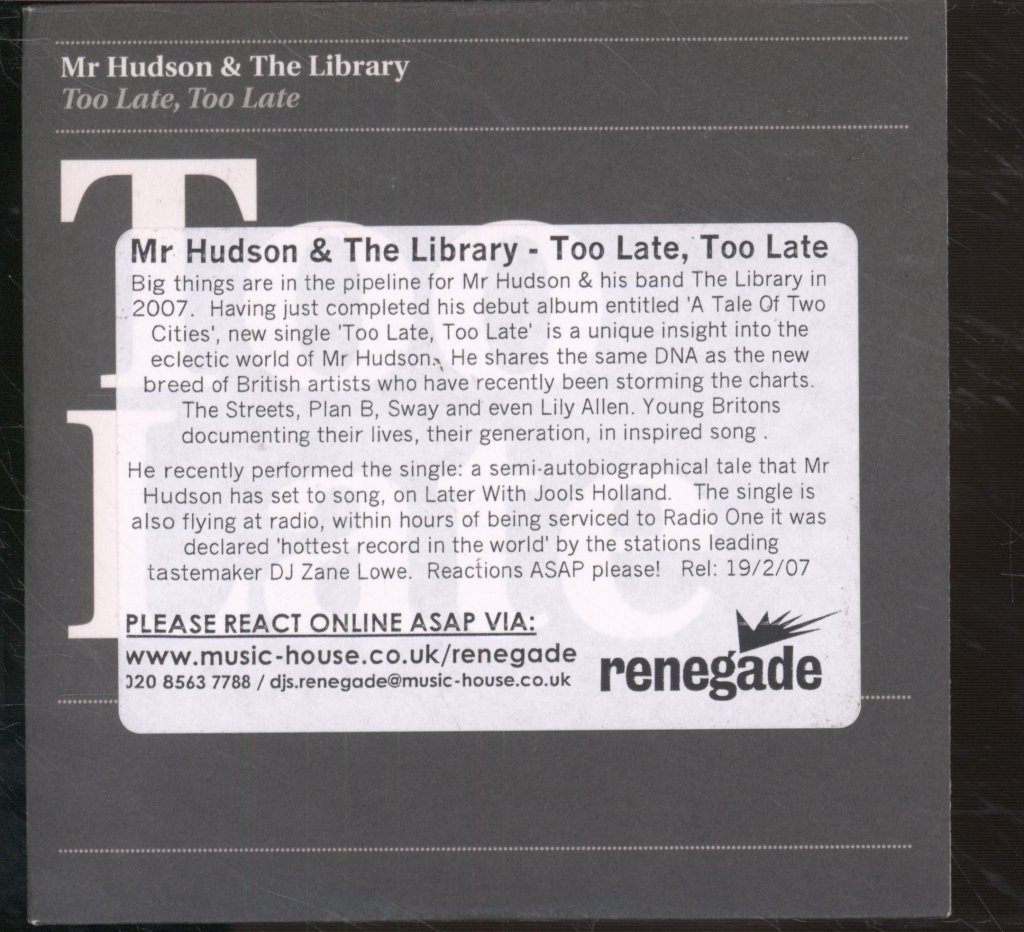 Mr Hudson and the Library Too Late. Too Late CD UK Promo Mercury 2006 in Card
