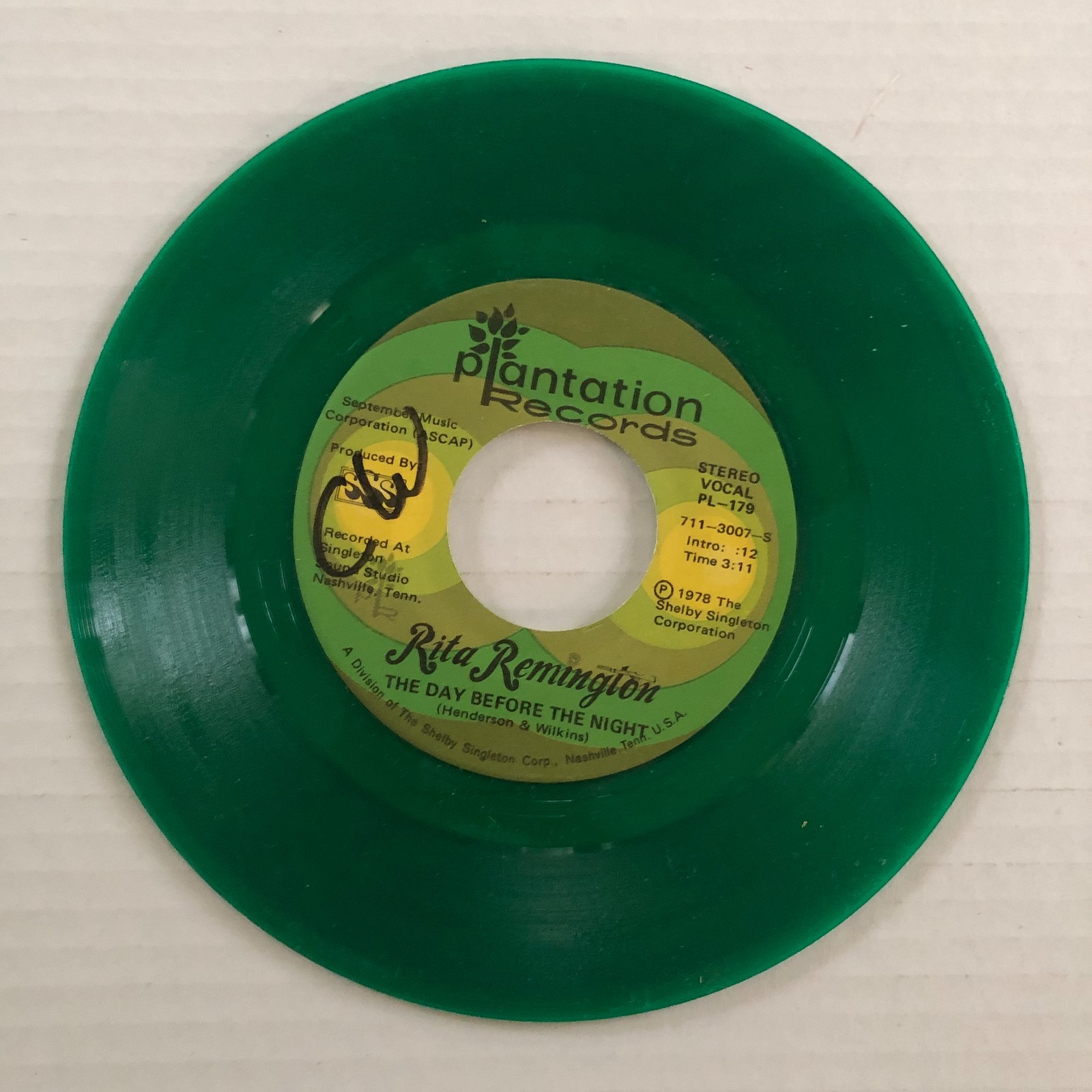 Rita Remington - The Day Before The Night vinyl 7" 1978 Plantation PL-179 green