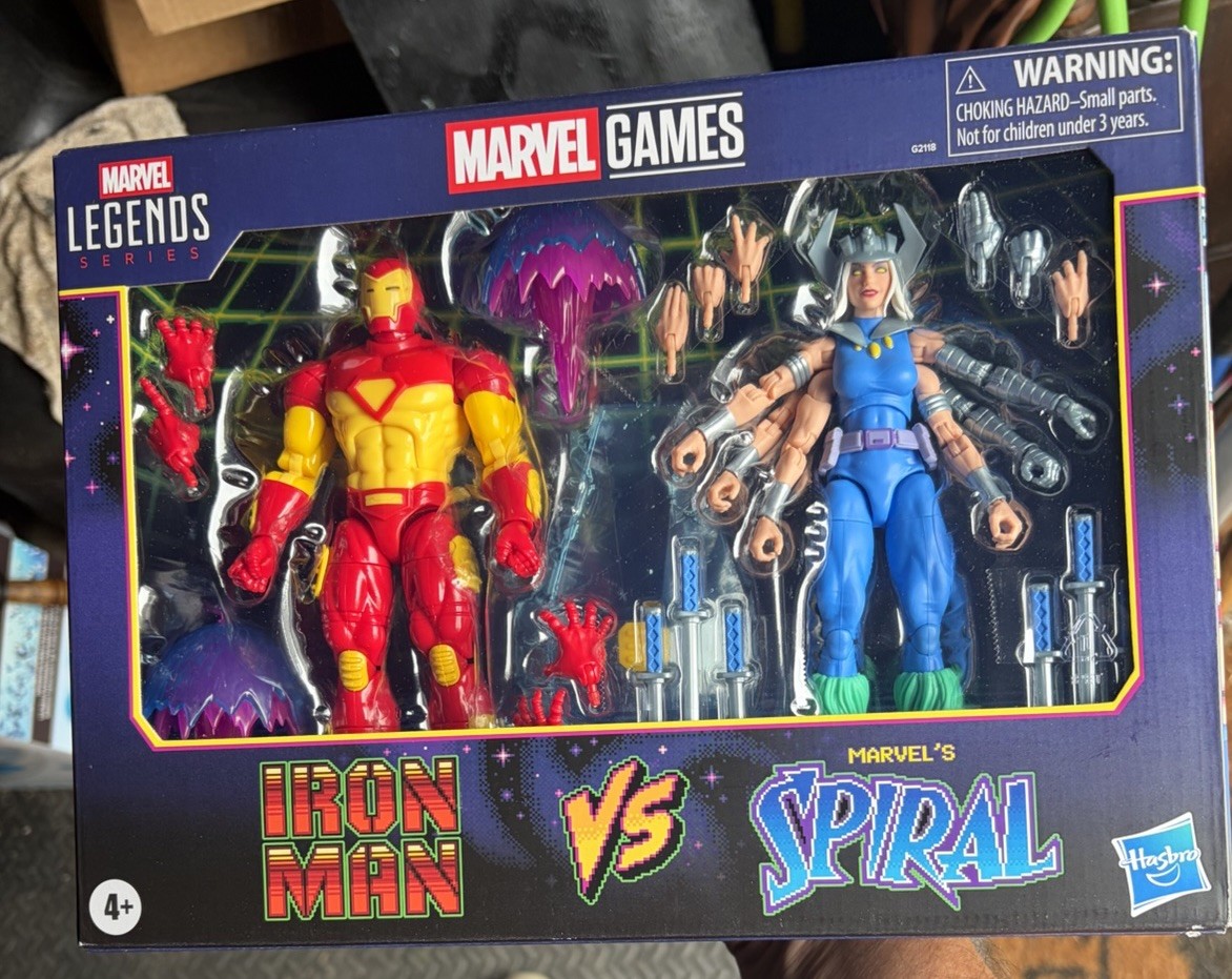MARVEL LEGENDS GAMERVERSE IRON MAN VS SPIRAL FIGURE NUOVO CON SCATOLA IN MANO CAPCOM CONFEZIONE DA 2