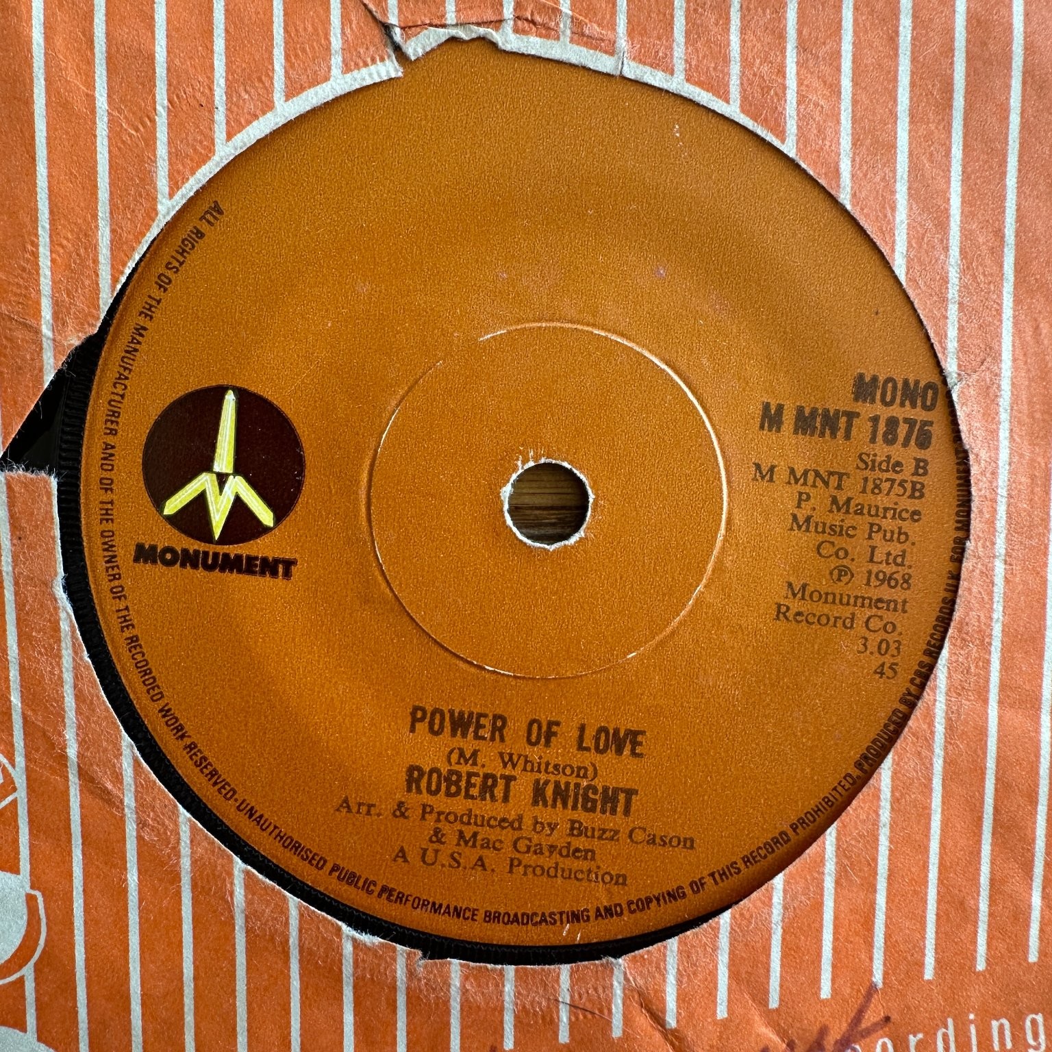 Robert Knight – Love On A Mountain Top 7" Single 1968 Monument Soul 45 RPM