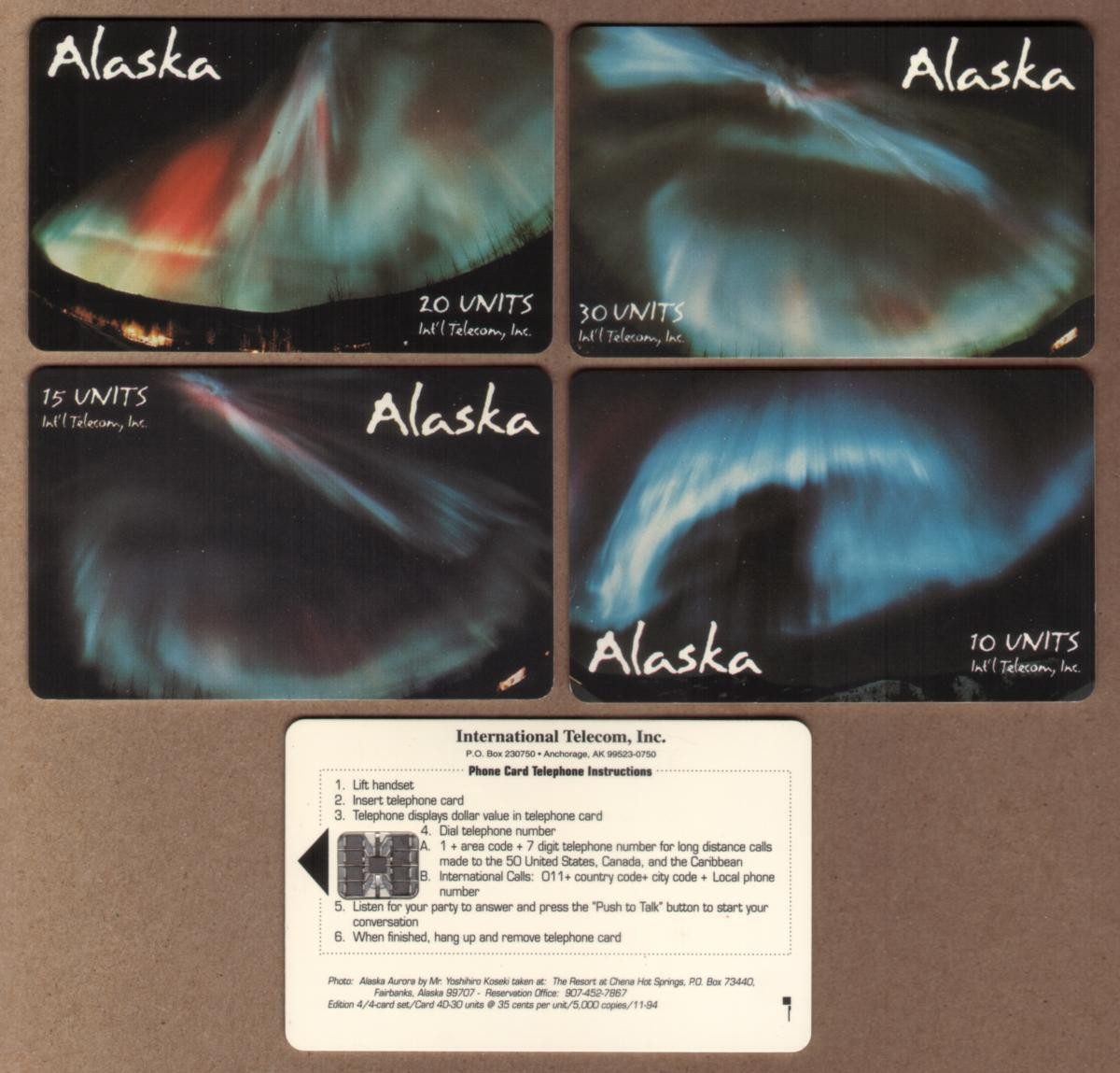 10u, 15u, 20u, 30u Alaska Aurora Borealis Photos: Set of 4 Cards Phone Card