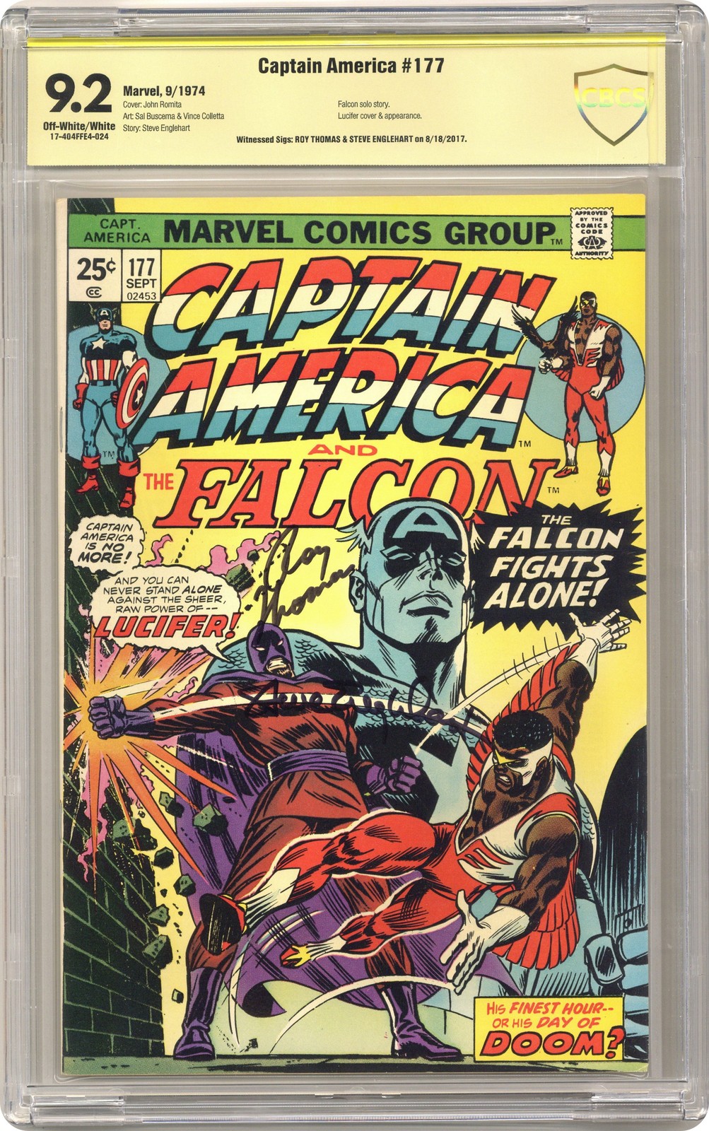 Captain America #177 CBCS 9.2 Testimone Sig Thomas/Englehart 1974 17-404FFE4-024