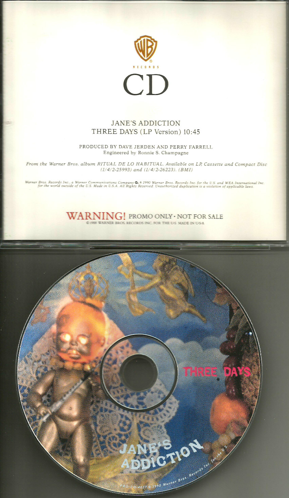 Perry Farrell JANE’S ADDICTION Three Days PROMO DJ CD single 1990 Dave Navarro