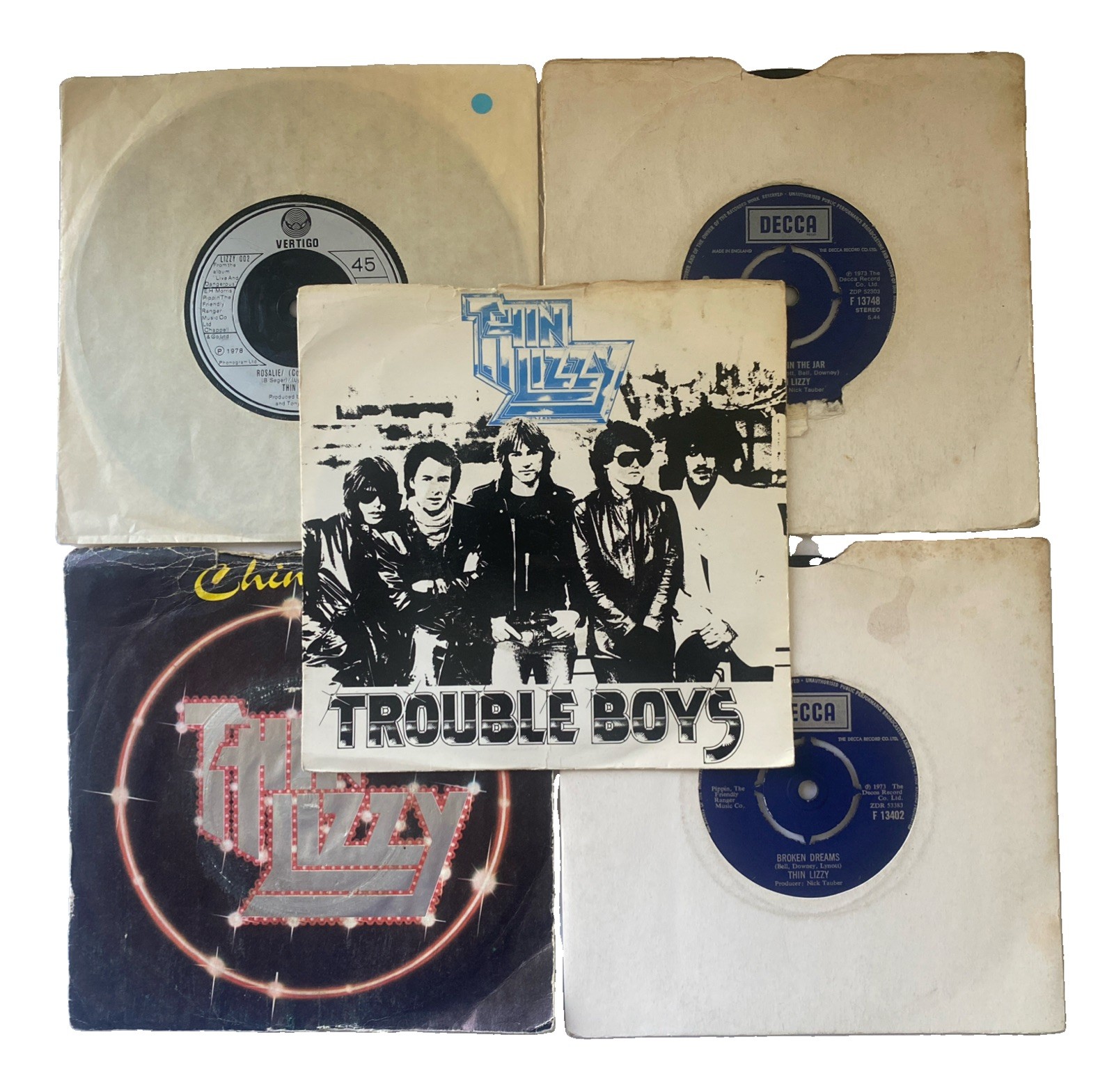 5 x Thin Lizzy 7" Records Rosalie / Whisky / Broken / Chinatown / Trouble Boys 
