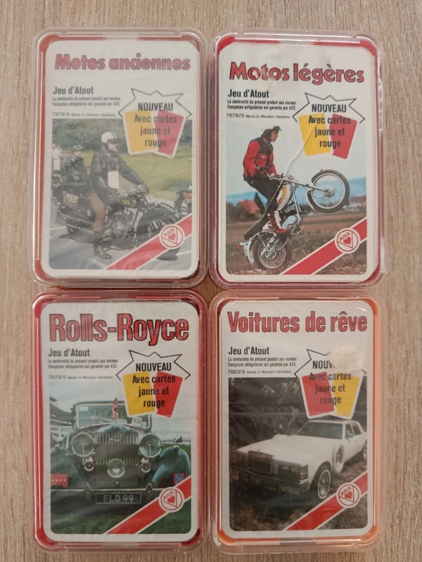 Lot de 4 Jeux d'Atout / Quartets vintage ASS (Rolls-Royce, Motos, Voitures)