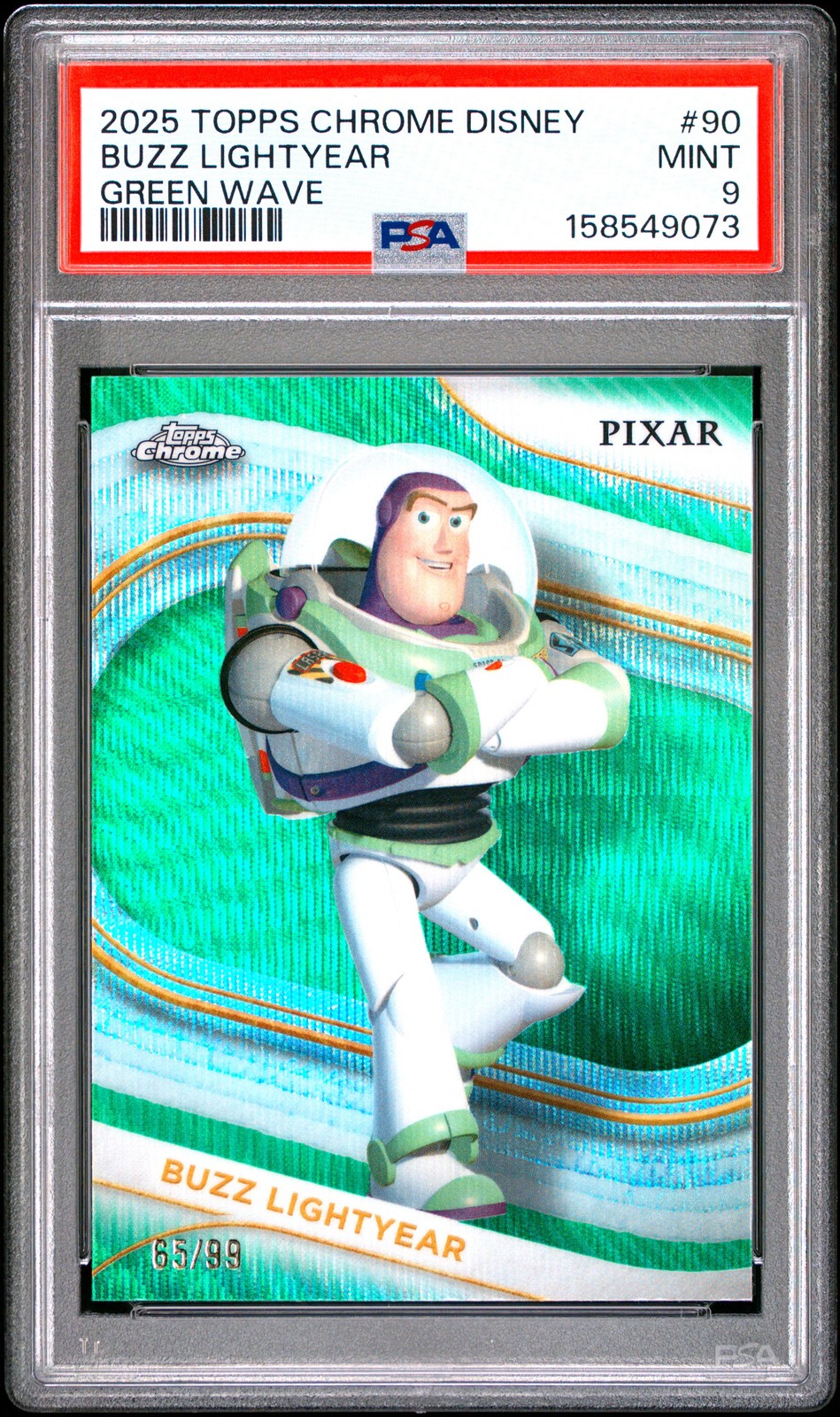 2025 TOPPS CHROME DISNEY GREEN WAVE #90 BUZZ LIGHTYEAR 65/99 PSA 9