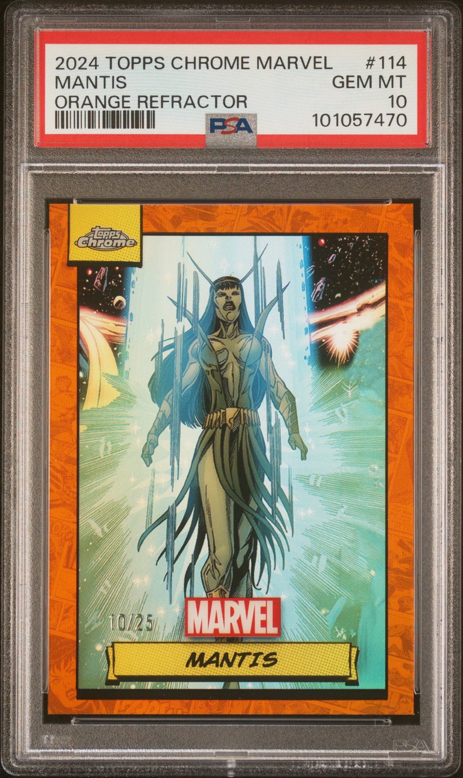 2024 TOPPS CHROME MARVEL RIFRATTORE ARANCIONE #114 MANTIS 10/25 PSA 10