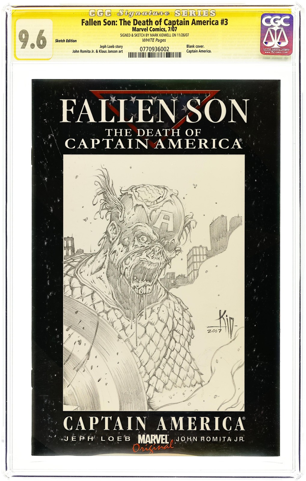 Fallen Son Death of Captain America #3C variante vuota CGC 9.6 SS Kidwell 2007