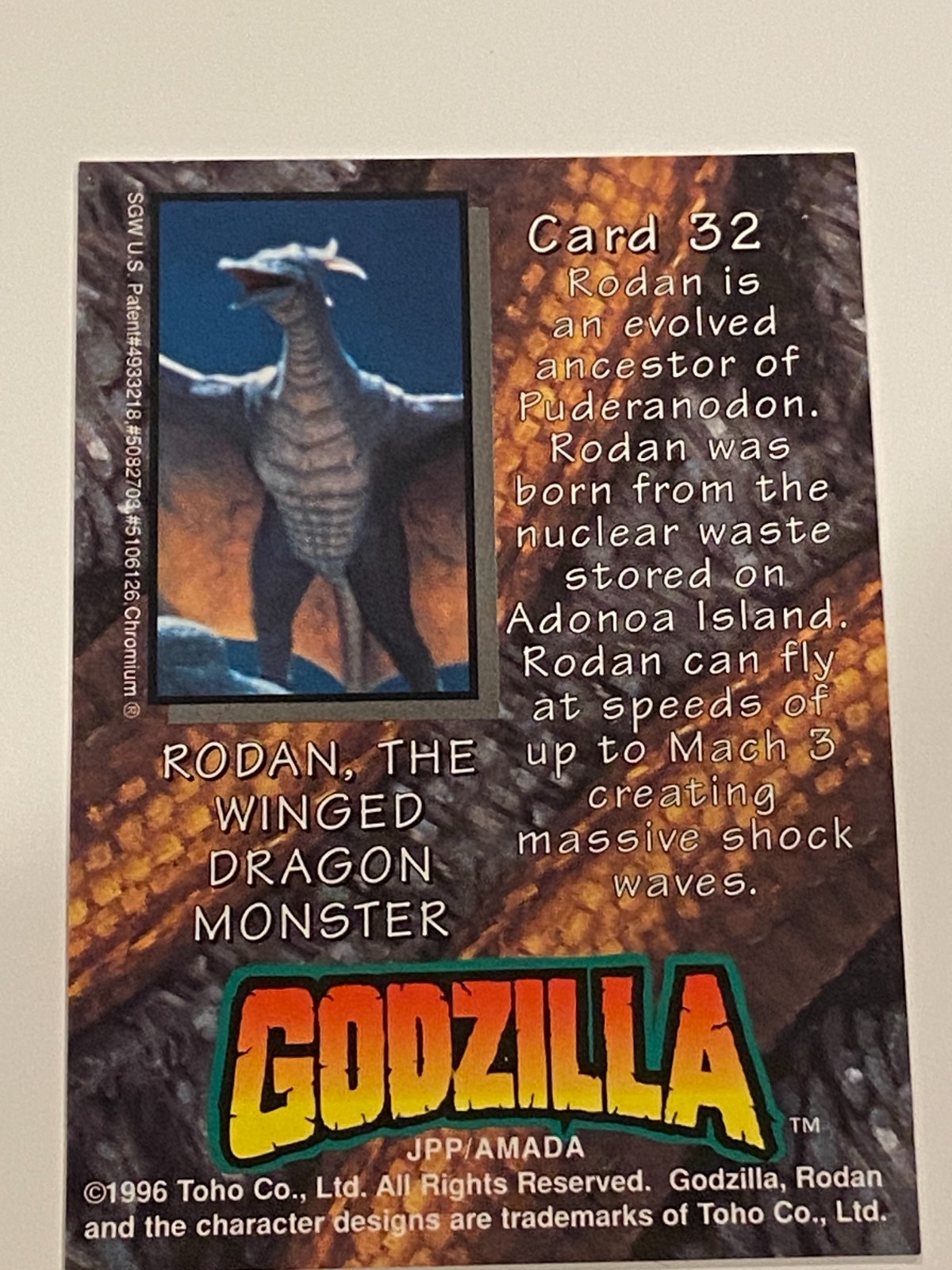 1996 JPP AMADA *GODZILLA CHROMIUM* CARD #32,RODAN,IL MOSTRO DRAGO ALATO