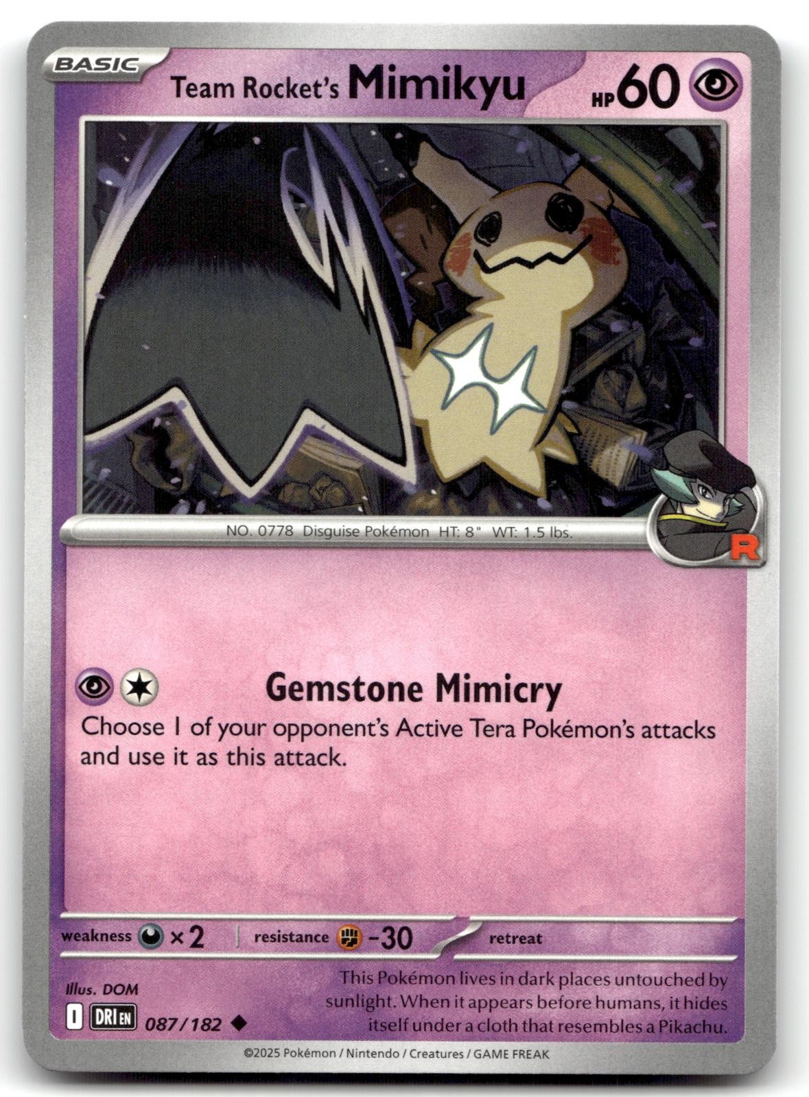 Team Rocket's Mimikyu 087/182 Pokemon Rivali Destinati Non Comuni Giocato Leggermente