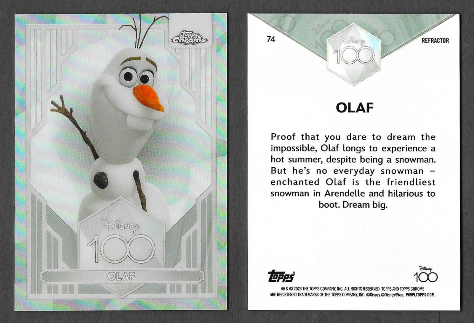 Topps Chrome 2023 Disney 100 #74 Olaf Frozen Silver Refractor Card
