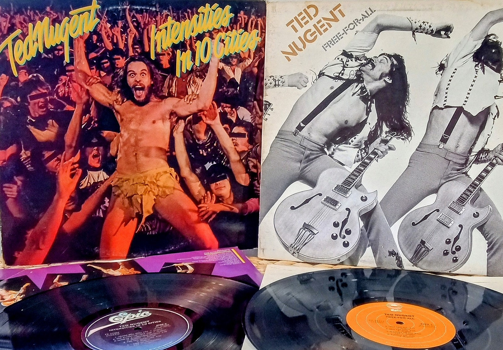 Ted Nugent – Intensities in 10 Cities + Free‑For‑All LP Lot VG+ Jackets w/ Inner