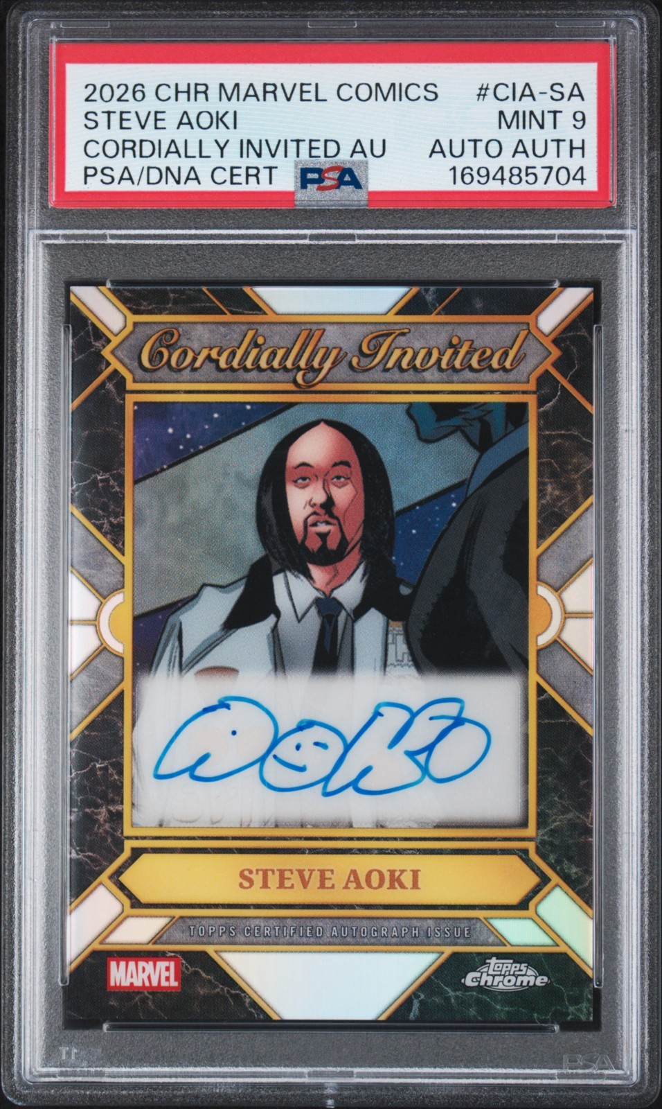 Autografo 2026 Topps Chrome Marvel Steve Aoki cordialmente invitato PSA 9!