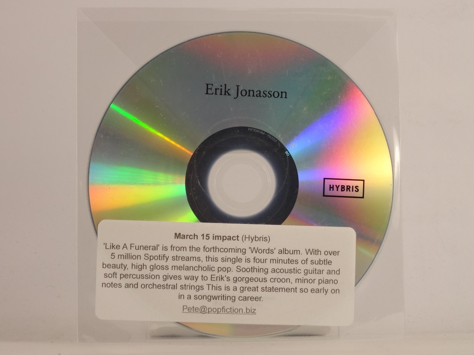 ERIK JOHNSON LIKE A FUNERAL (K81) 1 Track Promo CD Single including Plastic Slee
