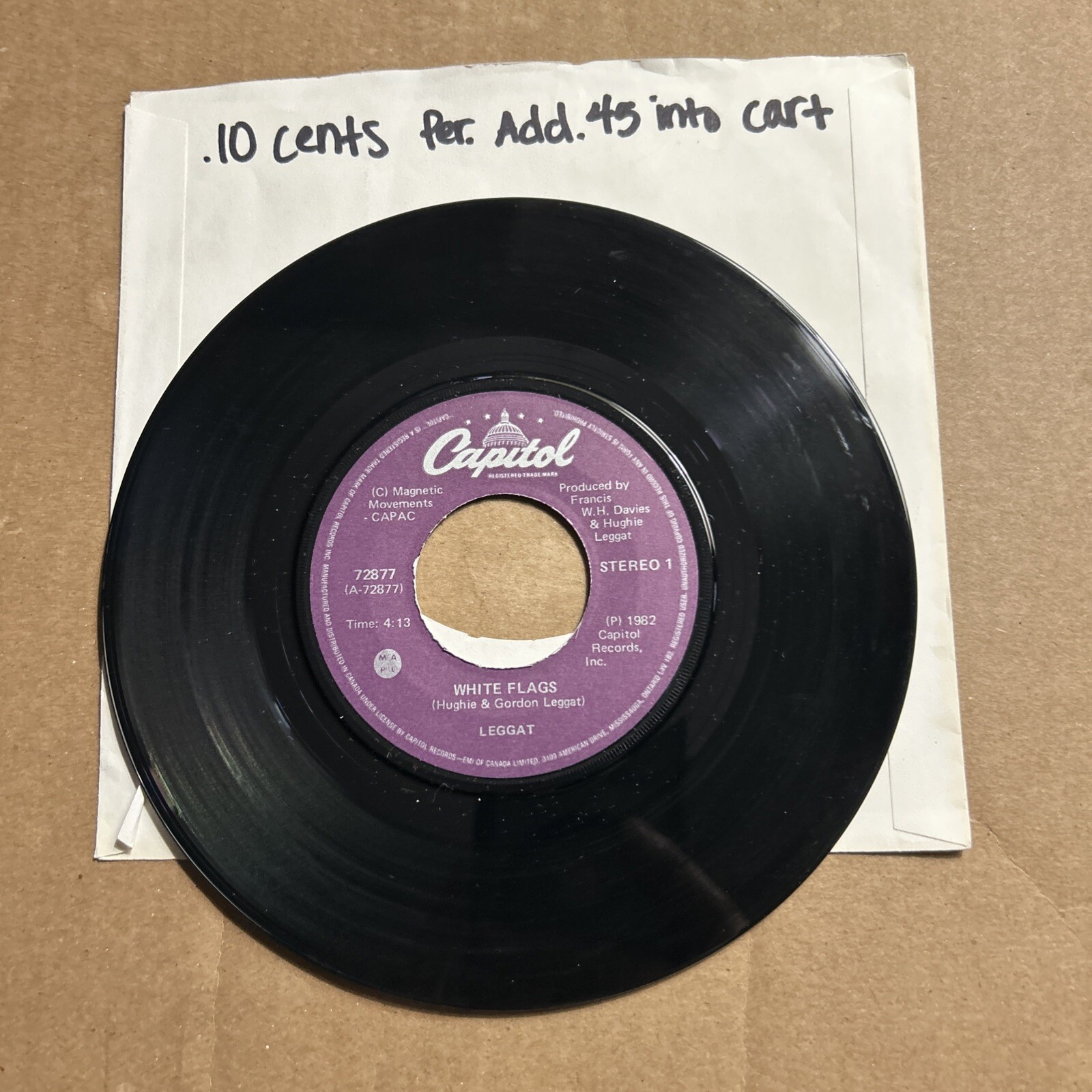 Leggat White Flags Rolling Hard 1982 Capitol Records 45